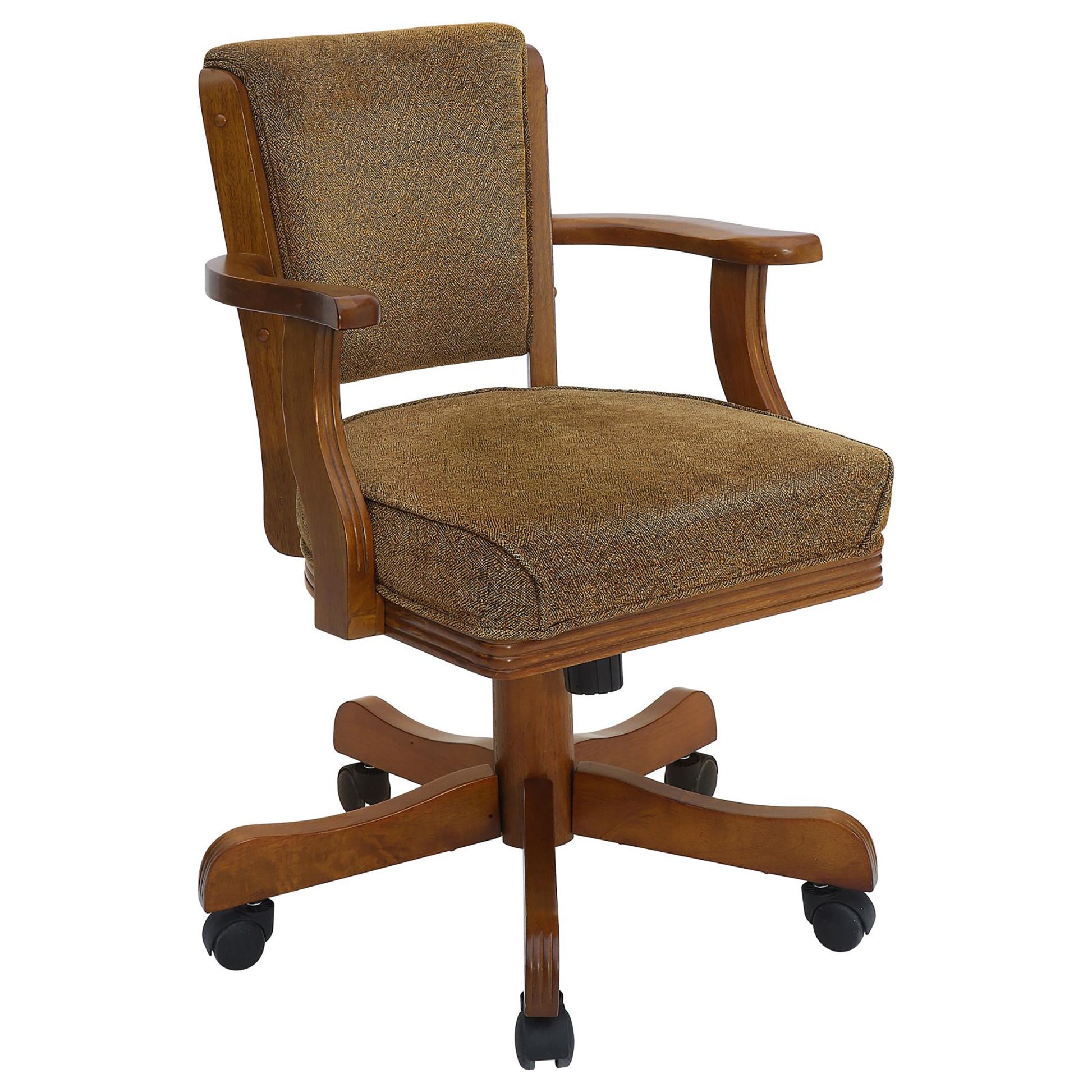 Olive Brown And Amber Upholstered Game Chair With Casters Solid Brown Primary Living Space Rubberwood Solid Back Casters Brown Foam Spot Clean Rectangular Traditional Arm Chair Foam Fabric