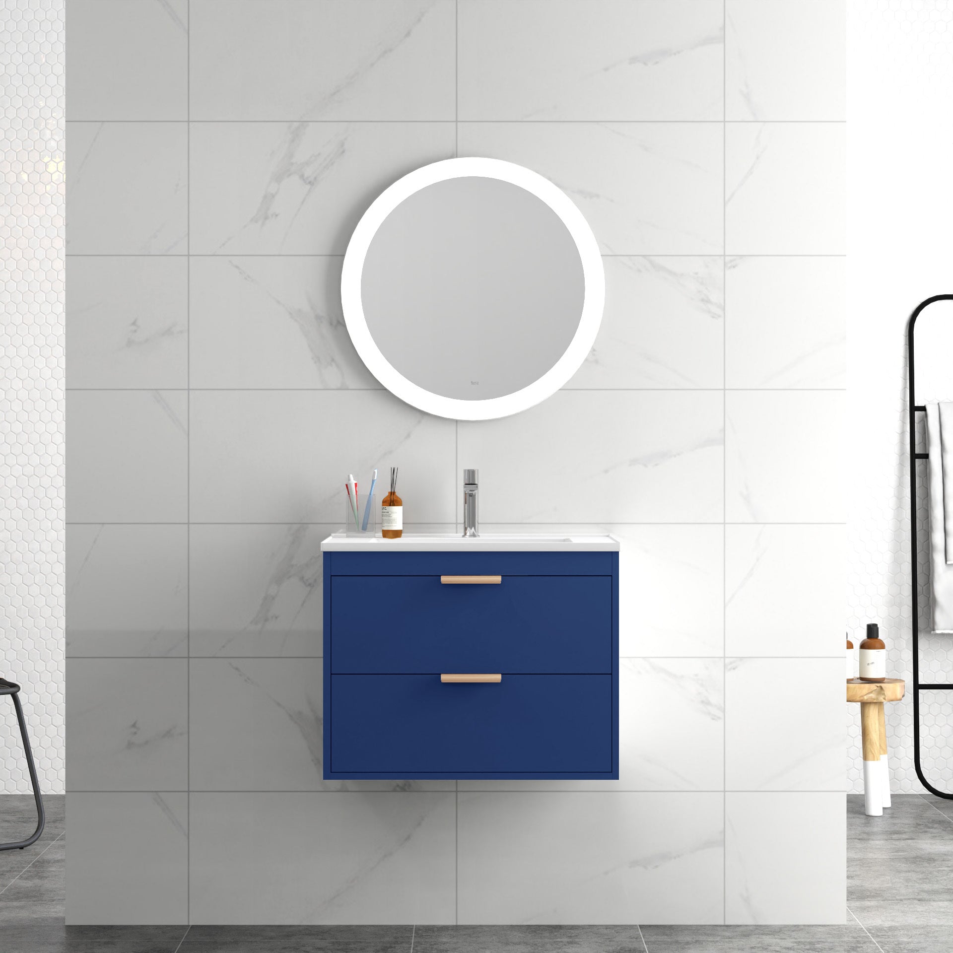 24" Floating Wall Mounted Bathroom Vanity With White Ceramic Sink And Drawer Storage Blue Wall Mounted Ceramic Mdf