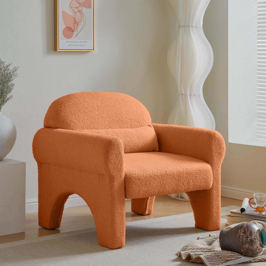 Modern Boucle Accent Chair With Lumbar Pillow For Living Room Orange Fabric 1 Seat