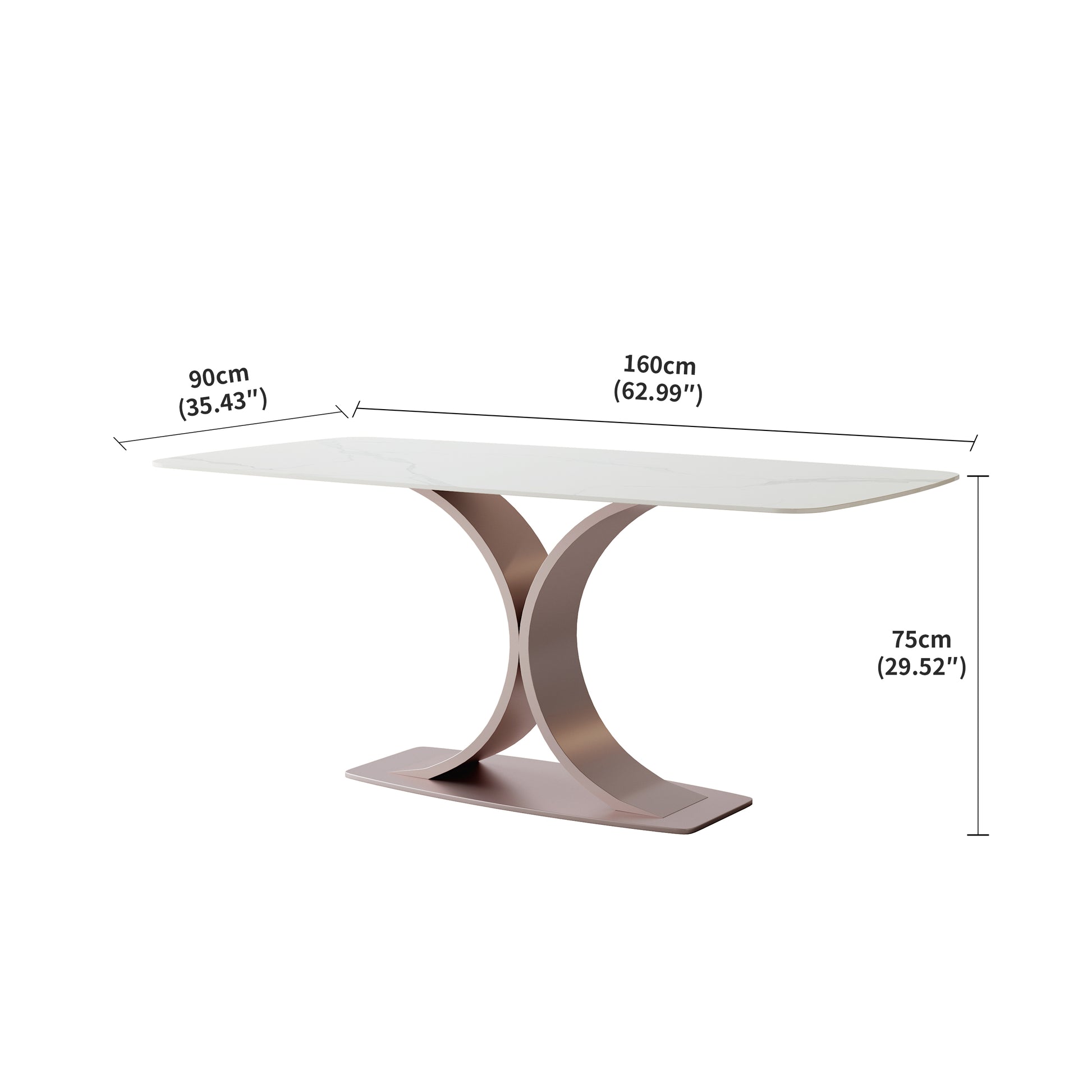 Elegant Red Copper And Carbon Steel Dining Table With Glossy Snow Mountain Stone Top Load Capacity 109.5 Kg Excluding Chairs White Carbon Steel