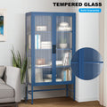 Double Glass Door Storage Cabinet With Adjustable Shelves And Feet Cold Rolled Steel Sideboard Furniture For Living Room Kitchen Blue Blue Tempered Glass