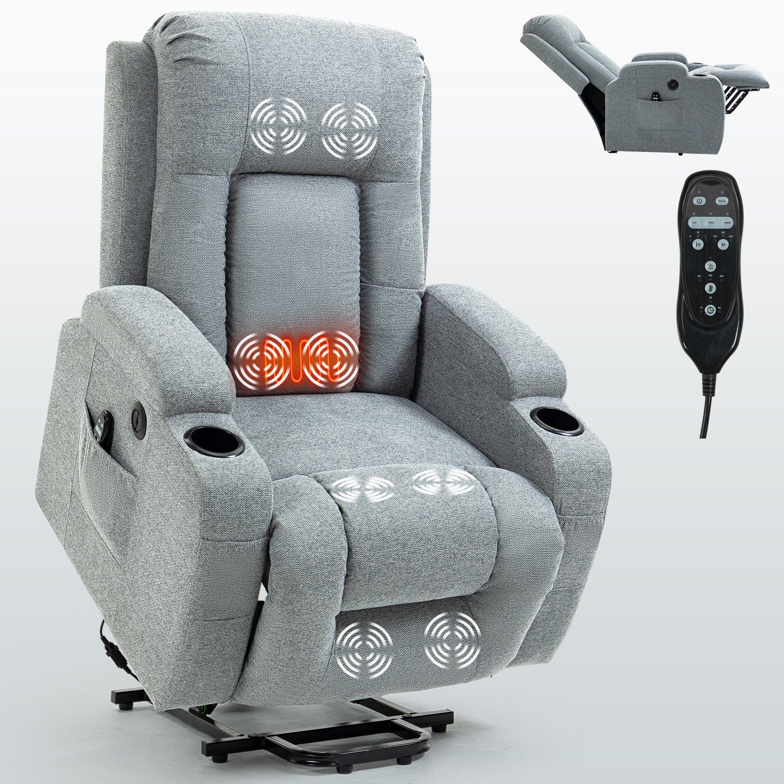 Infinite Position Single Motor Up To 350 Lbs Power Lift Recliner Chair For Elderly, Heavy Duty Motion Mechanism With 8 Point Vibration Massage And Lumbar Heating, Usb Charging Port, Cup Holders, Grey White Metal Primary Living Space Heavy Duty Pine Grey