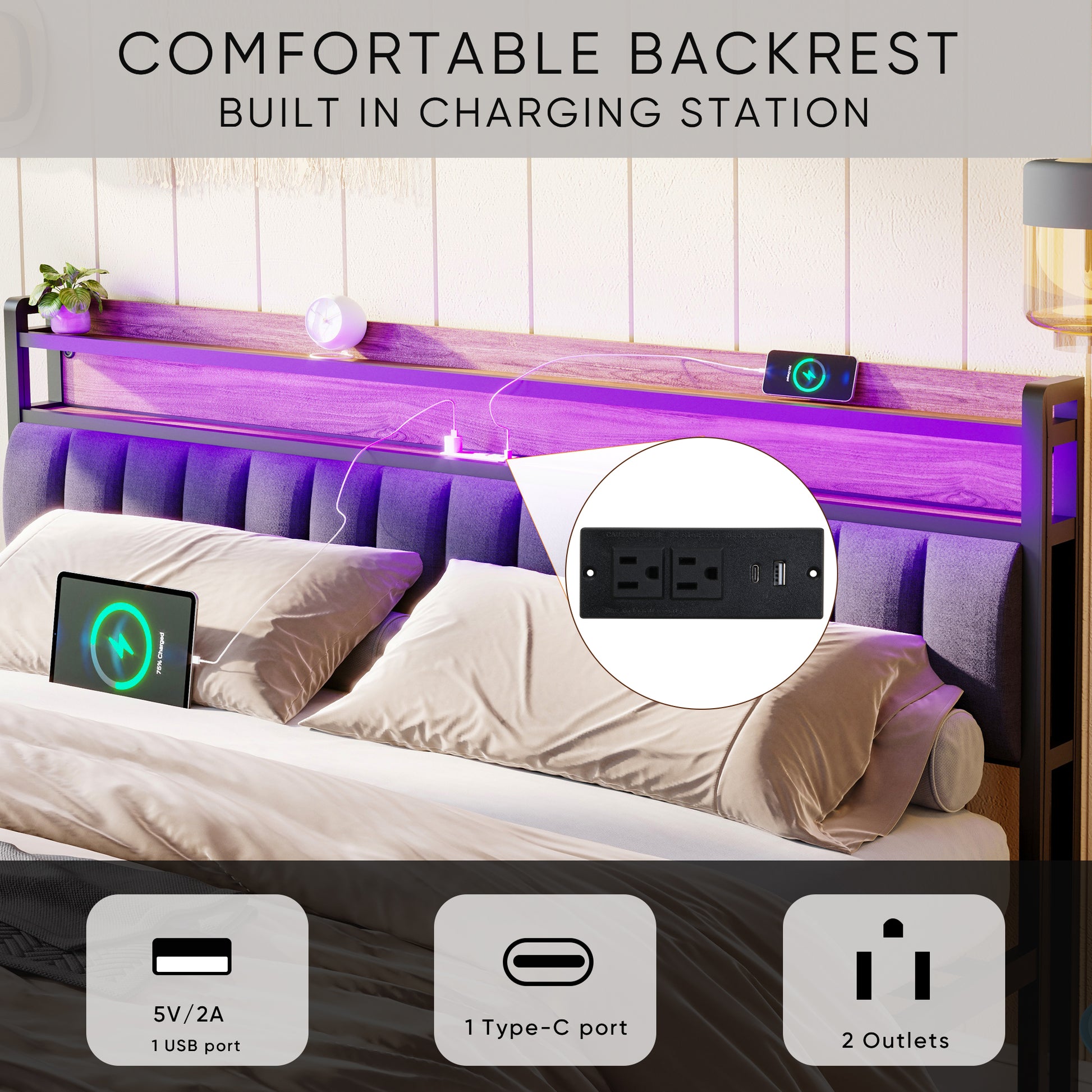 King Bed Frames With Storage Headboard And Drawers, Led Platform Bed Frame King Size, Led Upholstered Bed Frame With Charging Station, No Box Spring Needed, Easy Assembly, Grey Box Spring Not Required King Gray Metal Bedroom Bed Frame Mdf Metal