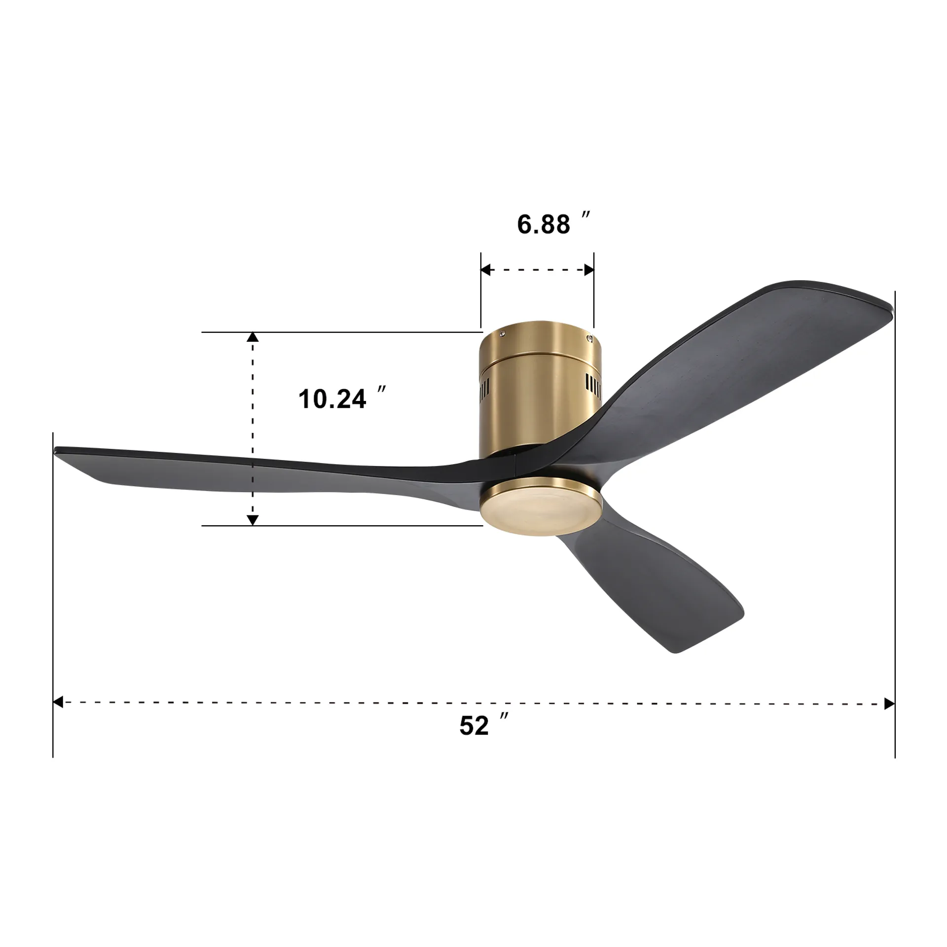 Indoor 52 Inch Ceiling Fan Without Light 3 Solid Wood Fan Blade Noiseless Reversible Dc Motor Remote Control For Living Room Gold Metal & Wood