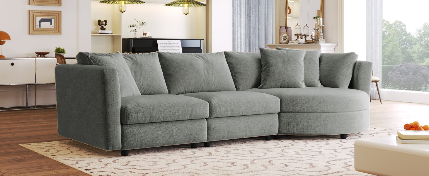 Three Indoor Cushioned Combination Sofas With Three Pillows And Curved Seat, For Living Room, Study Room, And Apartment Gray Polyester