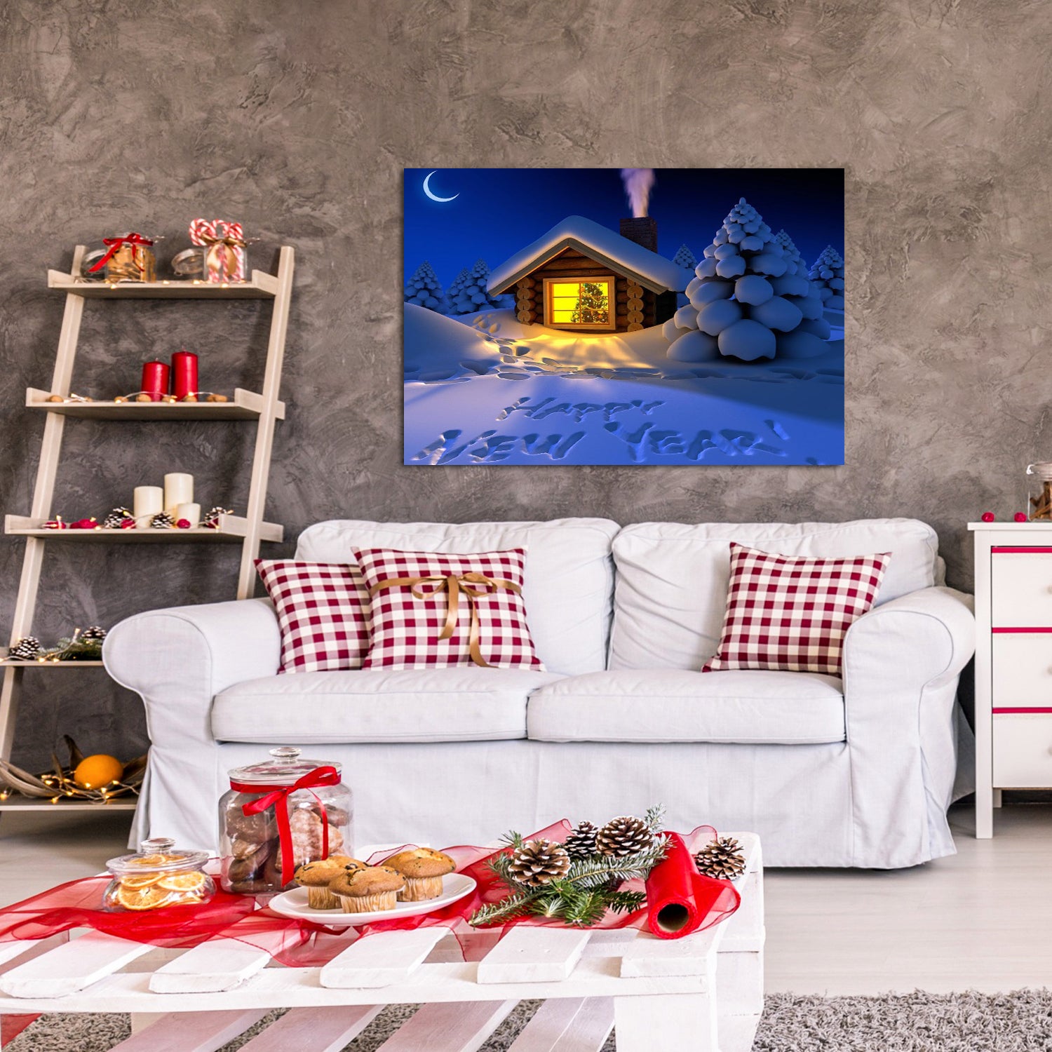 Framed Canvas Wall Art Decor Painting For Year, Happy Year On Snow Gift Painting For Year Gift, Decoration For Chrismas Eve Office Living Room, Bedroom Decor Ready To Han Rectangle Framed Multicolor