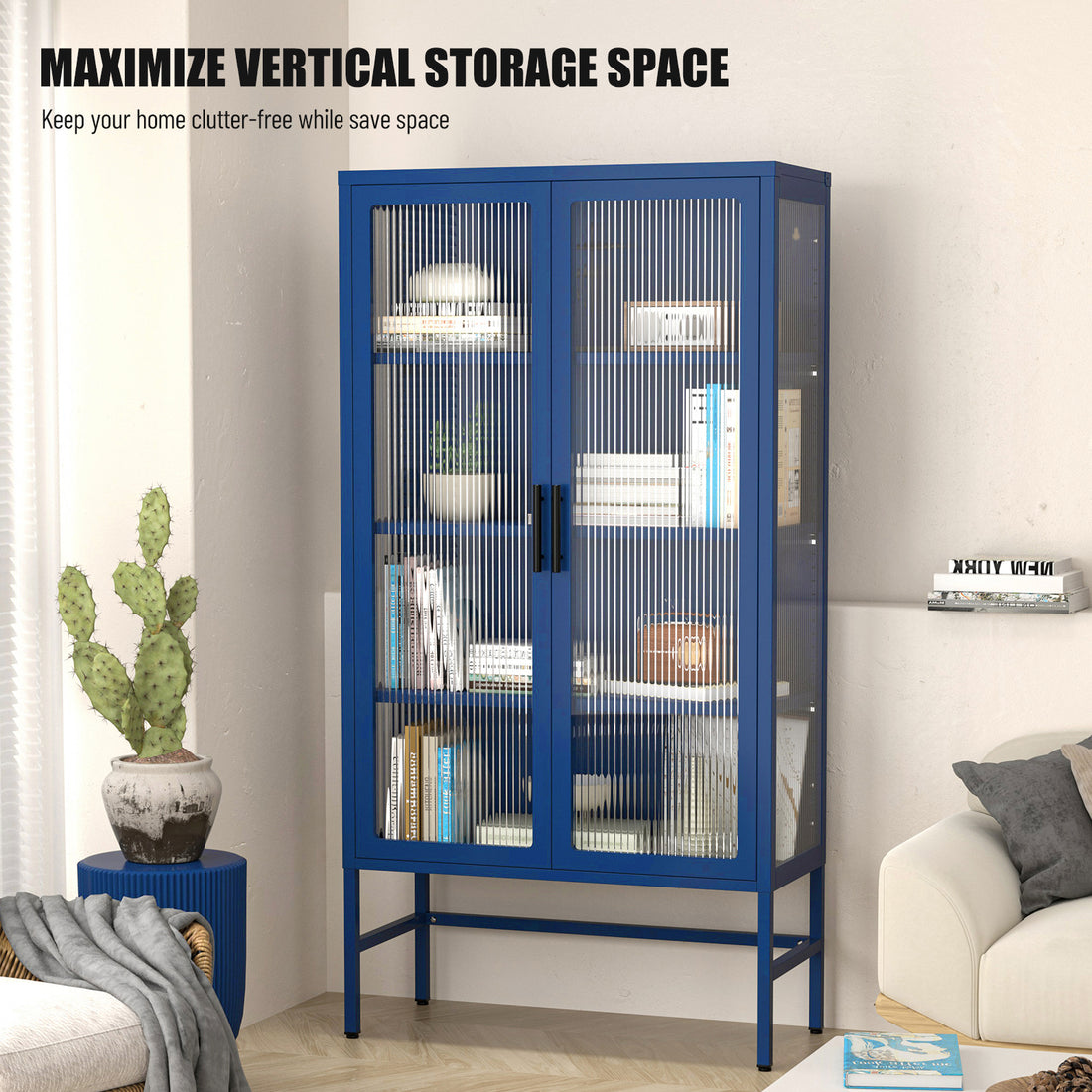 Double Glass Door Storage Cabinet With Adjustable Shelves And Feet Cold Rolled Steel Sideboard Furniture For Living Room Kitchen Blue Blue Tempered Glass