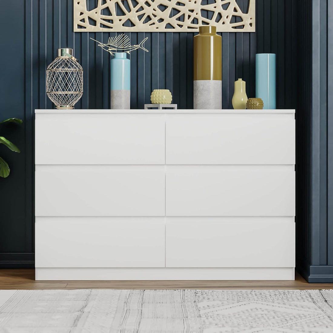 6 Drawer Double Dresser For Bedroom Living Room Hallway,White White Particle Board Mdf