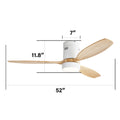 52 Inch Flush Mount Ceiling Fan Dc 3 Solid Wood Fan Blade Noiseless Reversible Motor Remote Control With Light White Metal & Wood