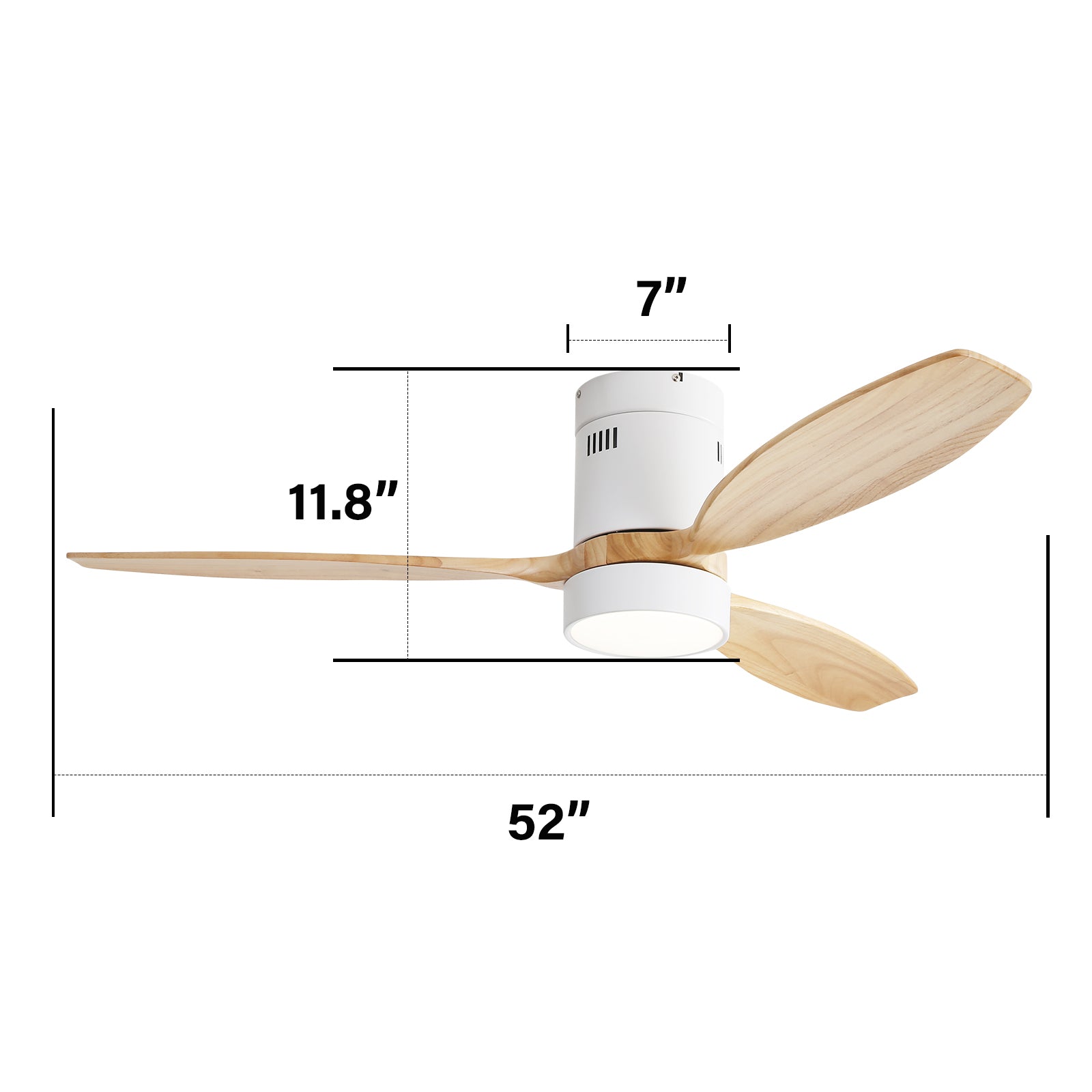 52 Inch Flush Mount Ceiling Fan Dc 3 Solid Wood Fan Blade Noiseless Reversible Motor Remote Control With Light White Metal & Wood