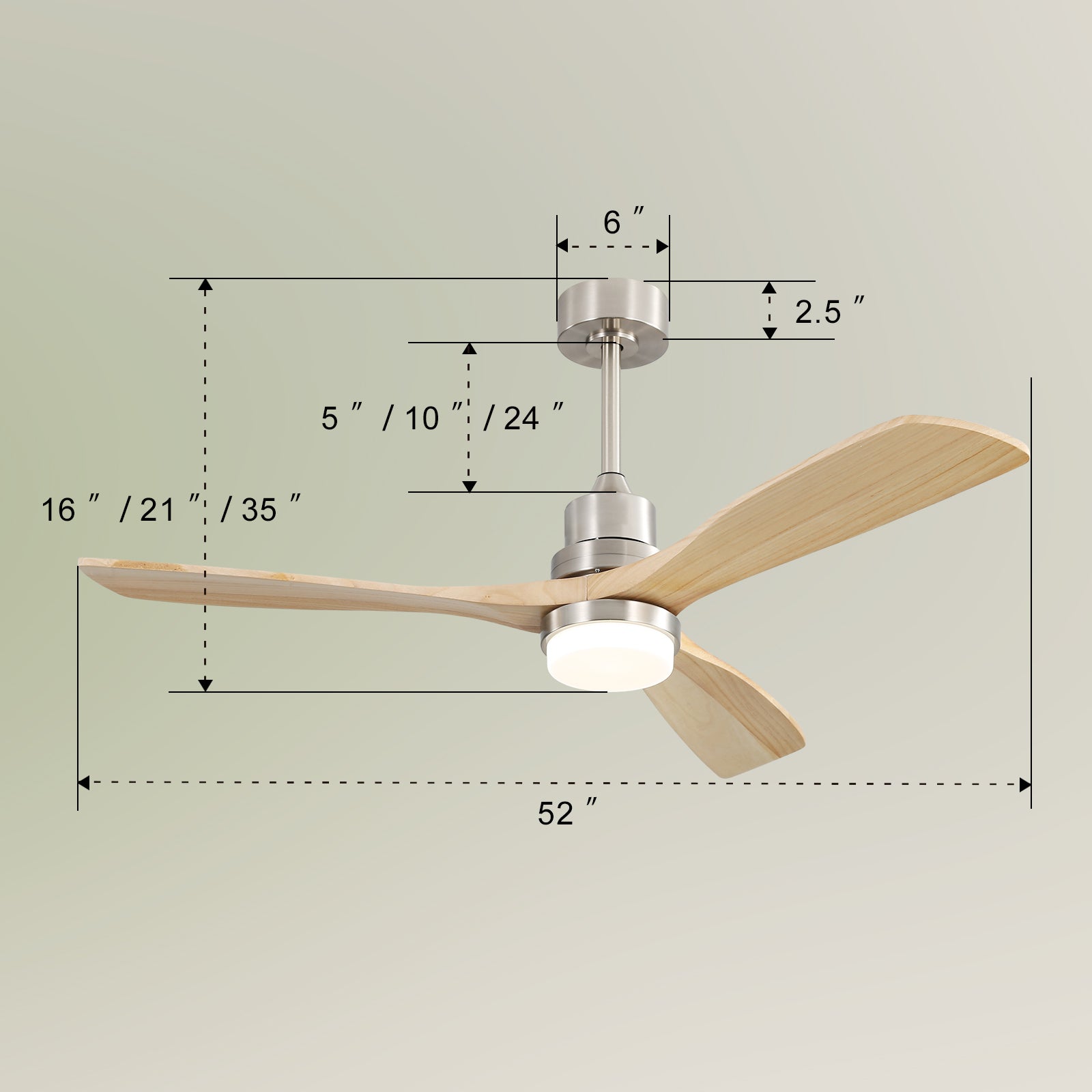 Indoor 52 Inch Ceiling Fan With Dimmable Led Light 6 brushed nickel-metal & wood