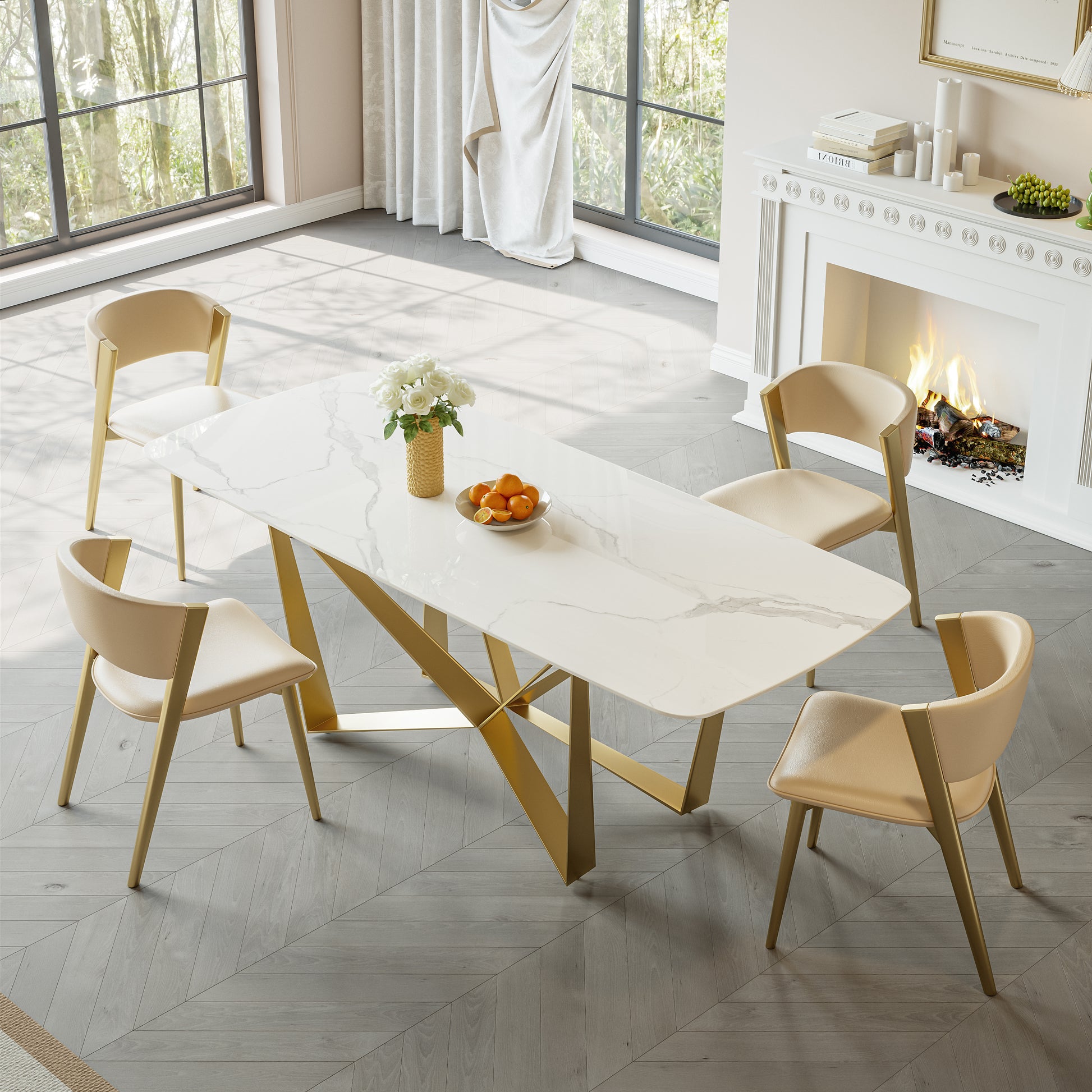 Titanium Gold Stainless Steel Dining Table With Polished Snow Mountain Stone Surface Supports Up To 94.5 Kg Excluding Chairs White Stainless Steel