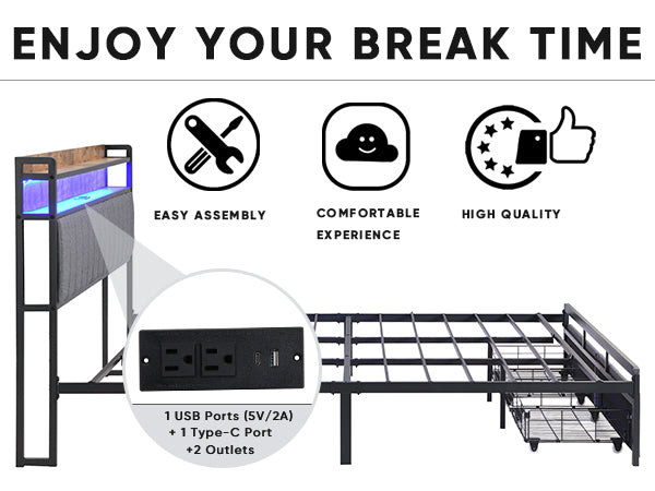 King Bed Frames With Storage Headboard And Drawers, Led Platform Bed Frame King Size, Led Upholstered Bed Frame With Charging Station, No Box Spring Needed, Easy Assembly, Grey Box Spring Not Required King Gray Metal Bedroom Bed Frame Mdf Metal