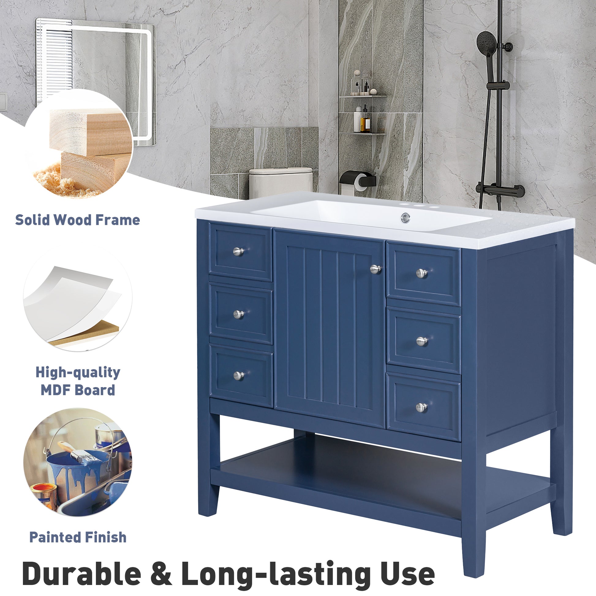 36" Bathroom Vanity Without Sink, Cabinet Base Only, One Cabinet And Three Drawers, Blue Blue Solid Wood Mdf