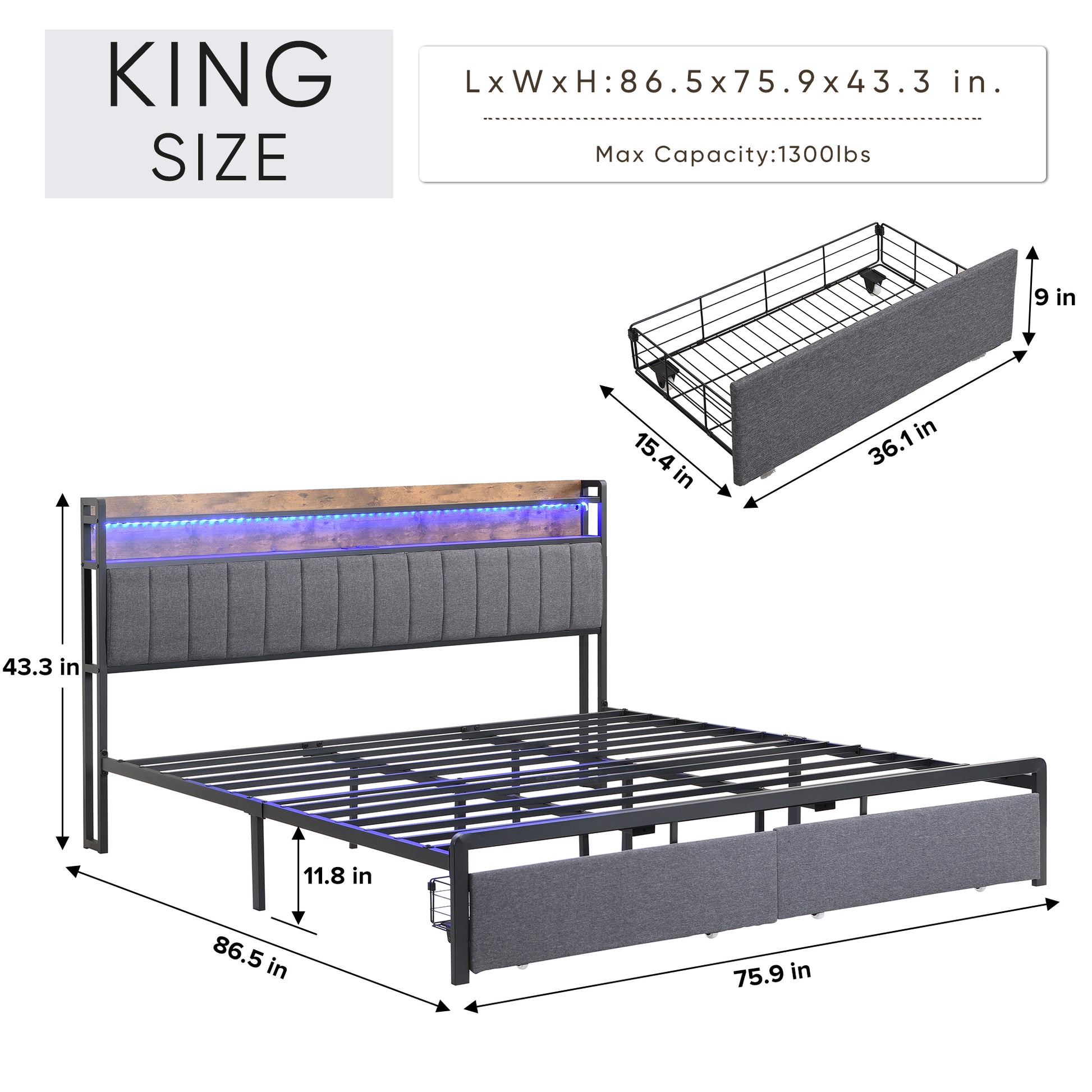 King Bed Frames With Storage Headboard And Drawers, Led Platform Bed Frame King Size, Led Upholstered Bed Frame With Charging Station, No Box Spring Needed, Easy Assembly, Grey Box Spring Not Required King Gray Metal Bedroom Bed Frame Mdf Metal