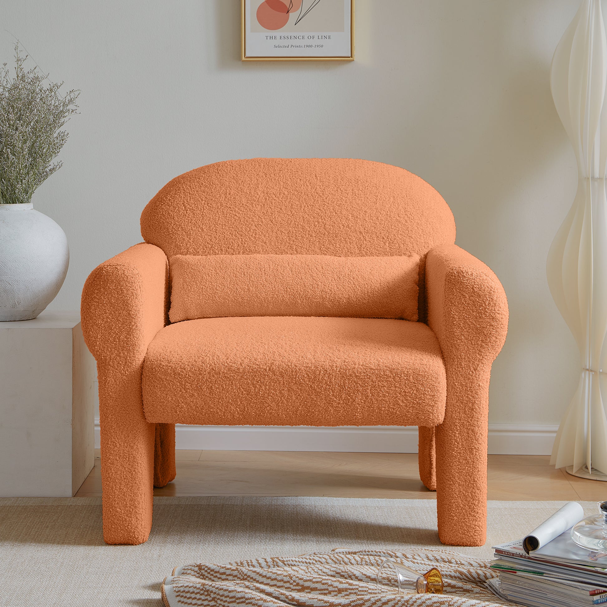 Modern Boucle Accent Chair With Lumbar Pillow For Living Room Orange Fabric 1 Seat