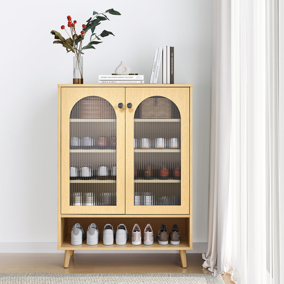 Shoe Storage Cabinet With Adjustable Plates Glass Doors Natural Mdf