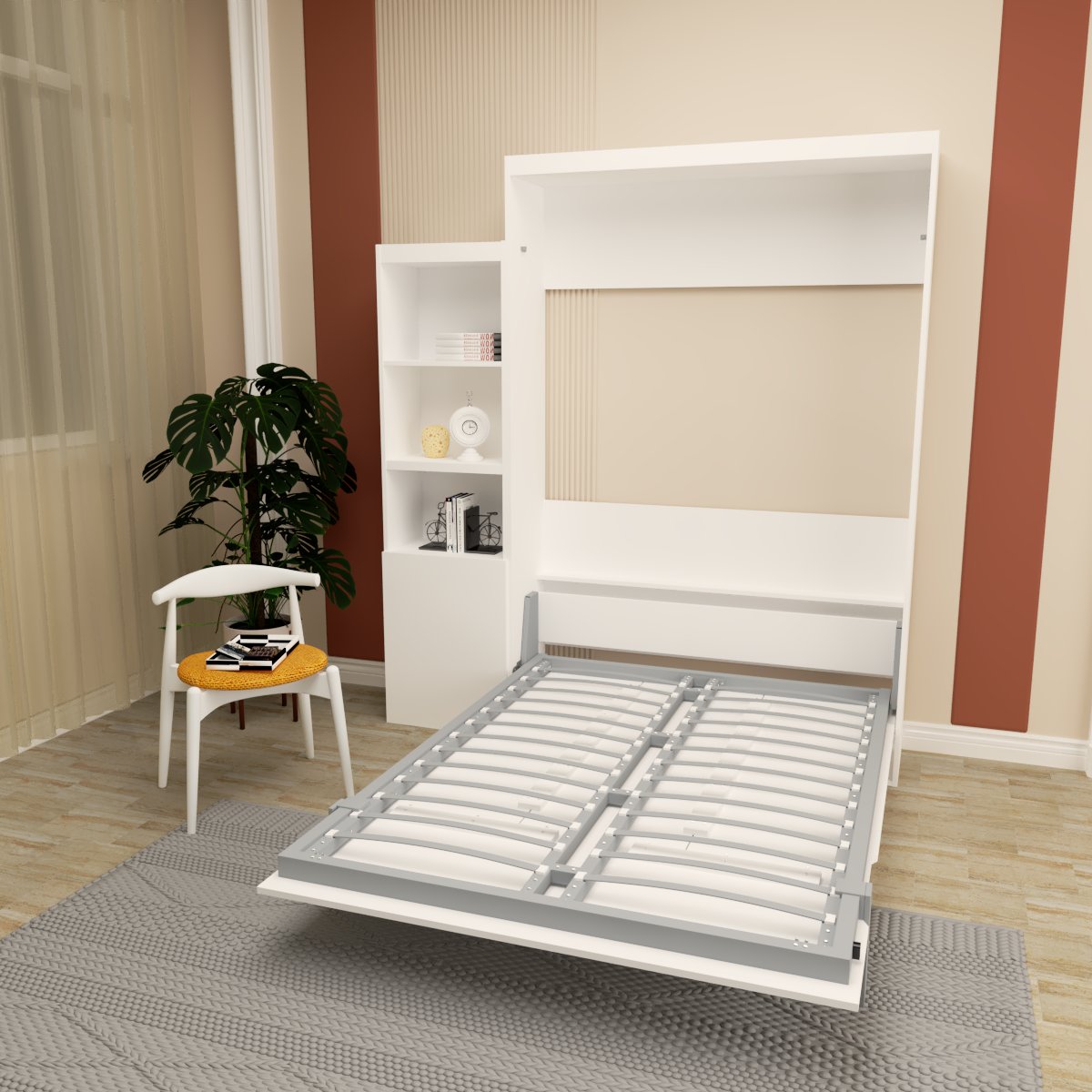 Queen Size Morden Deisgn Big Size Vertical Murphy Bed With Table And Shelf For Bedroom Or Guestroom White Wall Bed Space Saving Hidden Bed With Style Gas Struts Box Spring Not Required Queen White Metal Bedroom Murphy Plywood