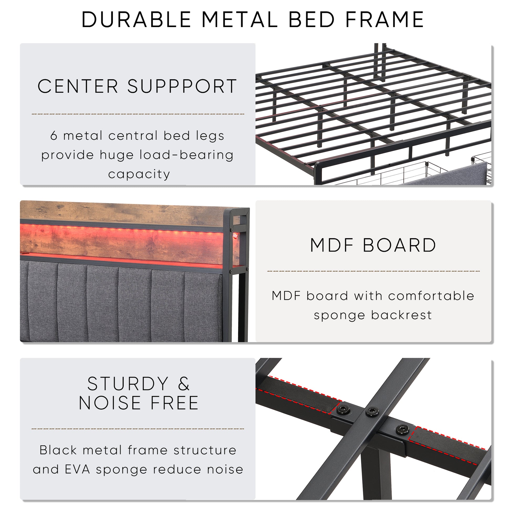 King Bed Frames With Storage Headboard And Drawers, Led Platform Bed Frame King Size, Led Upholstered Bed Frame With Charging Station, No Box Spring Needed, Easy Assembly, Grey Box Spring Not Required King Gray Metal Bedroom Bed Frame Mdf Metal