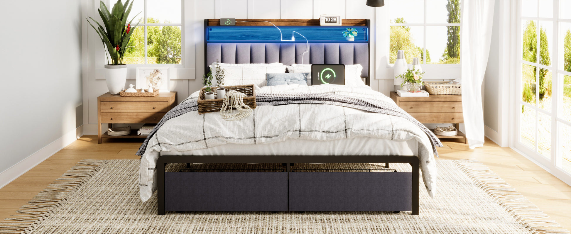 Queen Bed Frames With Storage Headboard And Drawers, Led Platform Bed Frame Queen Size, Led Upholstered Bed Frame With Charging Station, No Box Spring Needed, Easy Assembly, Grey Box Spring Not Required Gray Metal Bedroom Bed Frame Mdf Metal