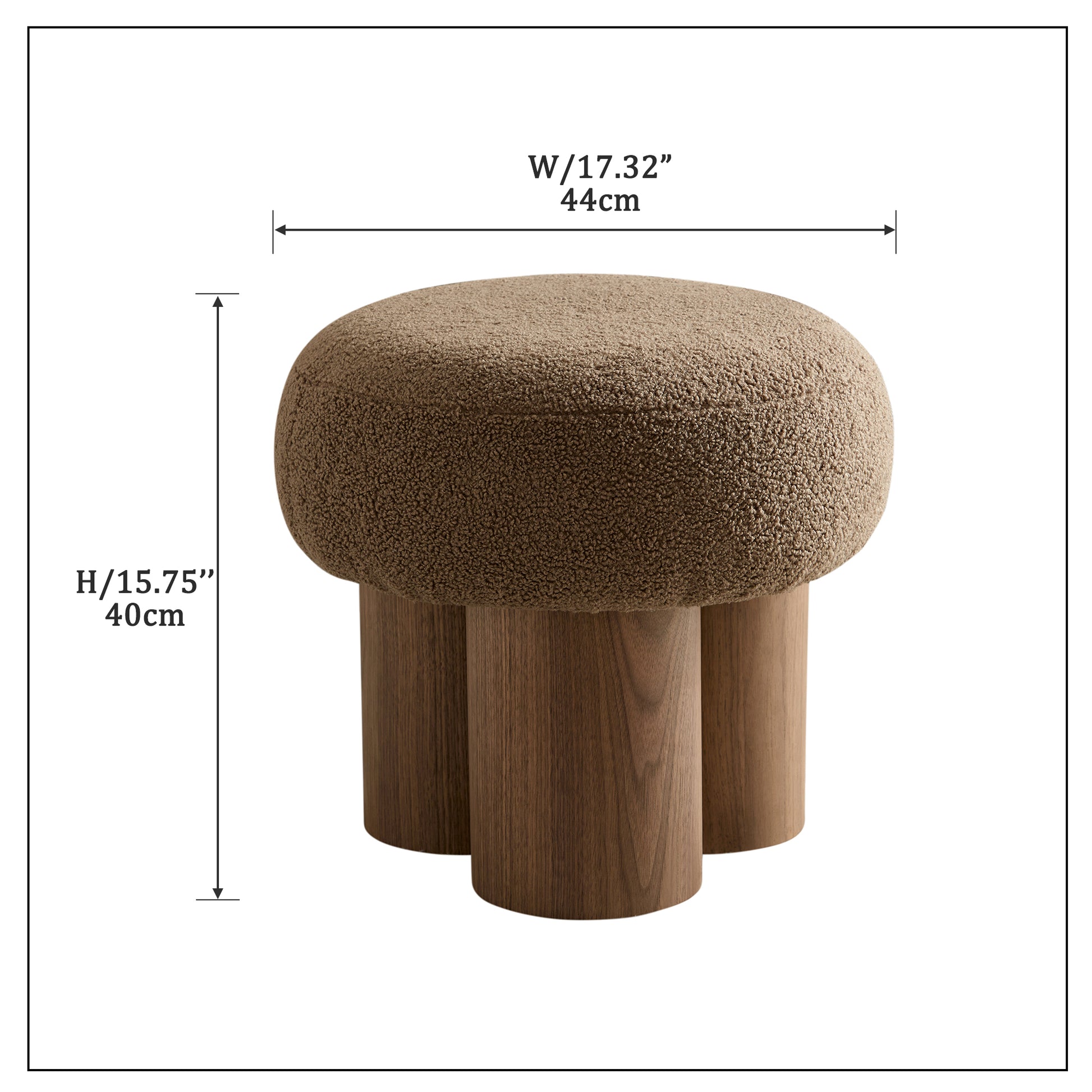 W8017 1 Mushroom Stool, Brown Lamb Wool Seat, Barrel Pvc Pipe With Walnut Veneer Brown Broadcloth Pleat