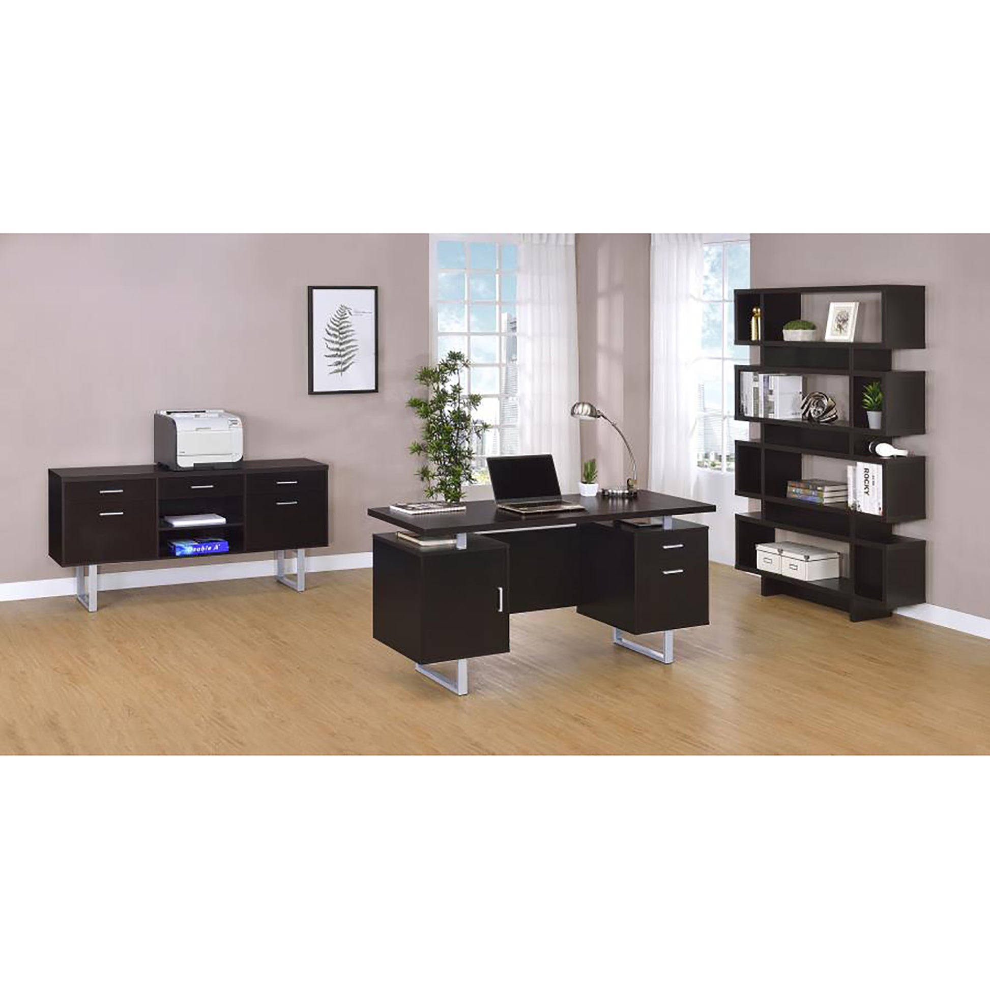 Cappuccino 5 Drawer Credenza With Open Shelving Cappuccino Brown Writting Desk Office Contemporary,Modern Rectangular Drawers Desk Wood Sled