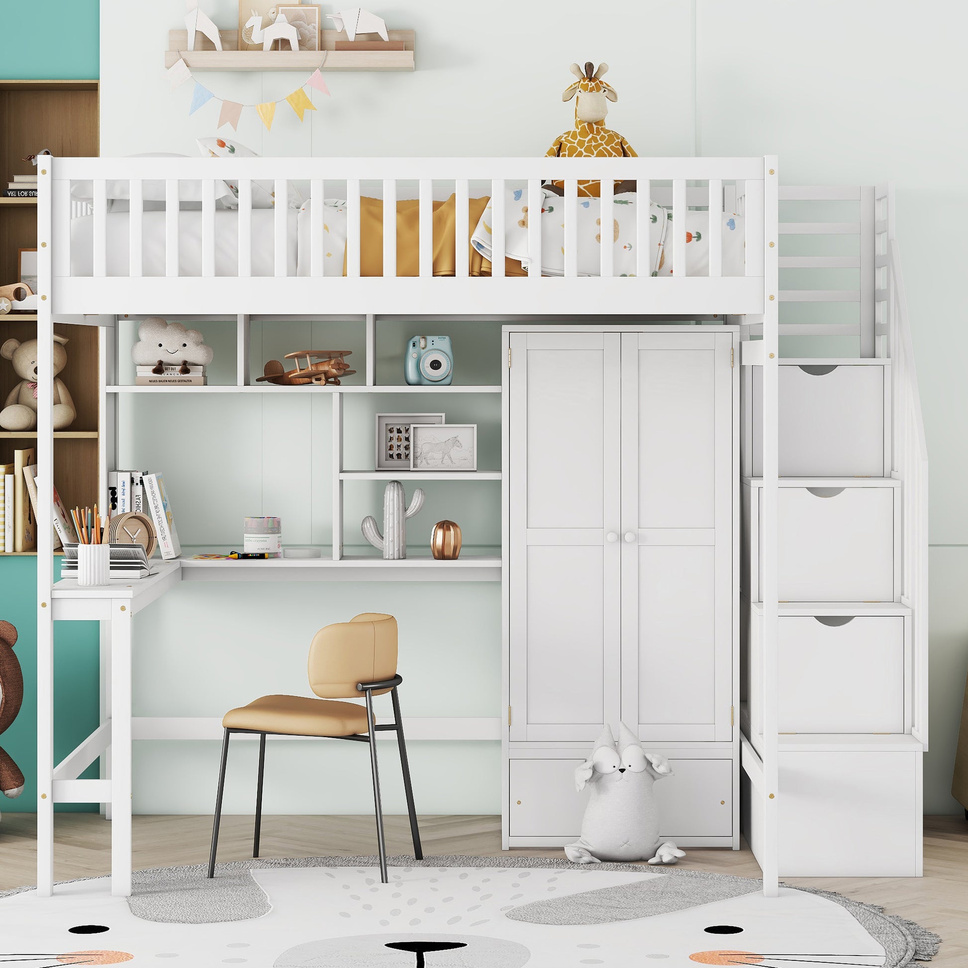 Full Size Loft Bed With Bookshelf,Drawers,Desk,And Wardrobe White Full White Solid Wood