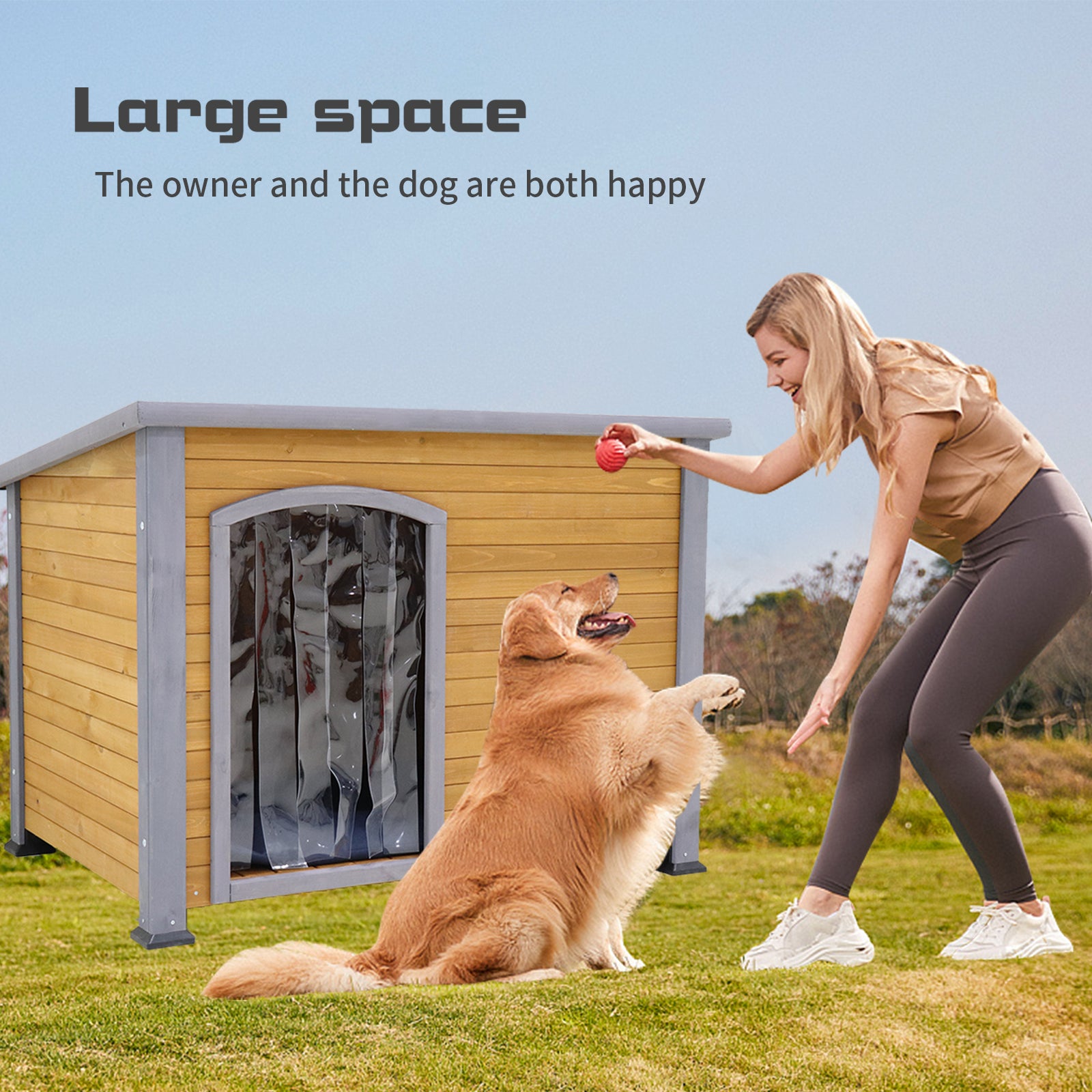 45" Winter Warm Outdoor Indoor Dog House, Made Of Solid Wood, Plastic Curtain, Insulation Mat. Golden Black Solid Wood