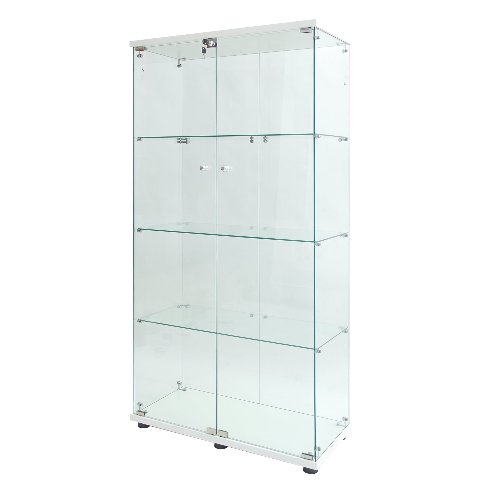 Two Door Led Lights Glass Display Cabinet 4 Shelves With Door, Floor Standing Curio Bookshelf For Living Room Bedroom Office, 64.7"*31.7"*14.3", White White Glass