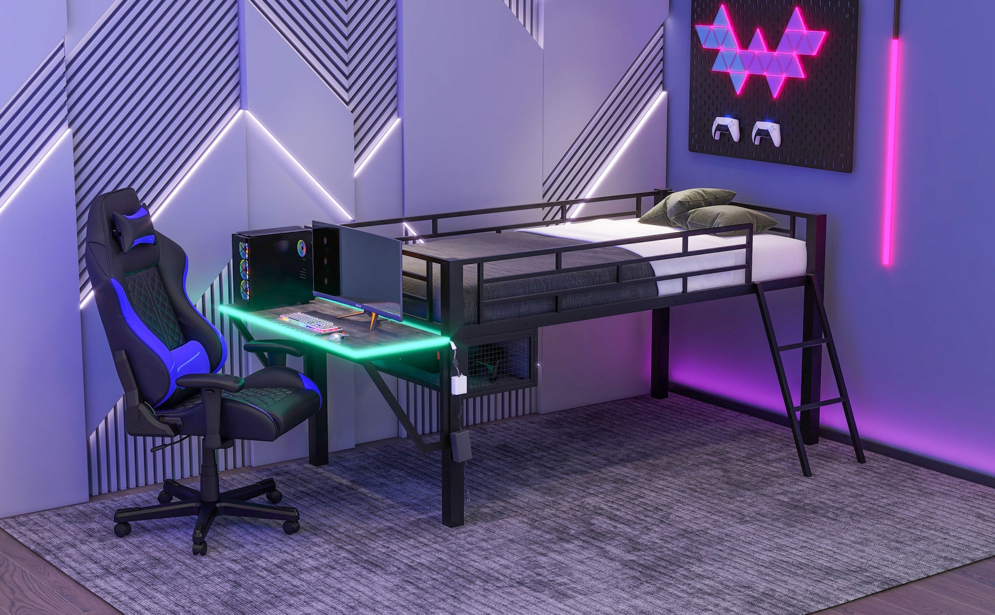 Gaming Mid Loft Bed With Desk, Led, Twin, Black Twin Black Mdf Metal