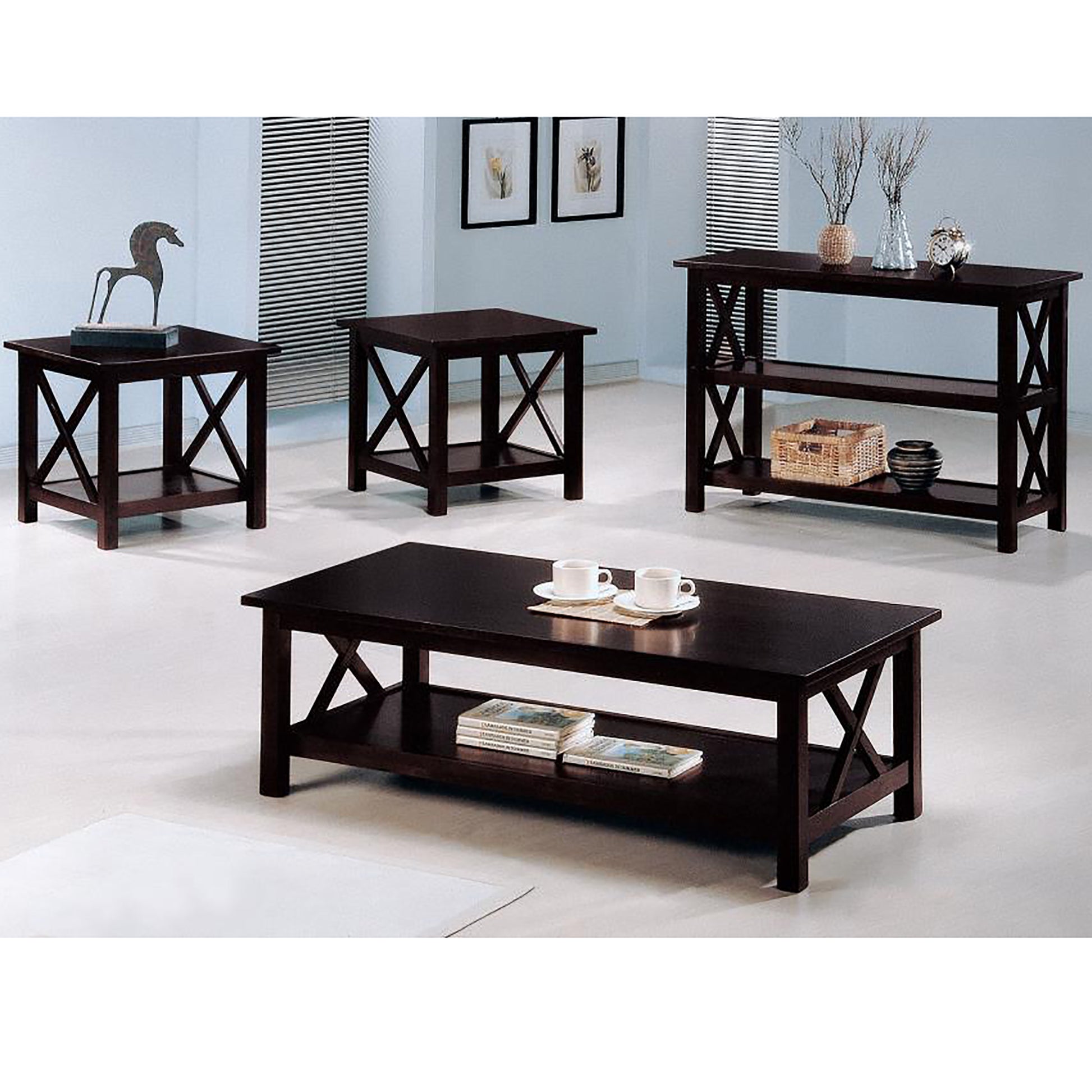 Dark Merlot 3 Piece Occasional Set Brown Brown Primary Living Space Transitional Rubberwood Rectangular Open Storage Coffee & End Tables Wood Parsons