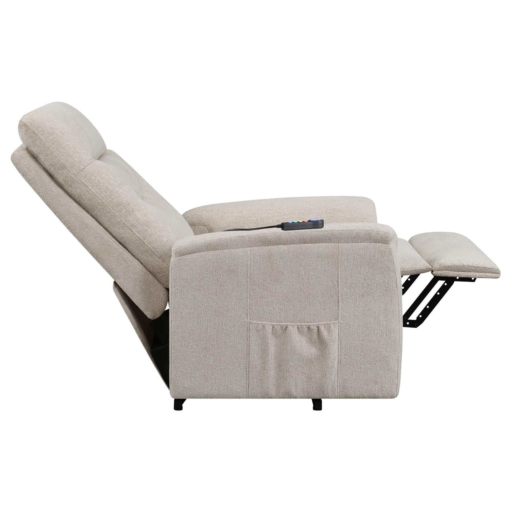 Beige Upholstered Power Lift Recliner With Storage Pocket Beige Chenille Power Remote Wood Primary Living Space Medium Firm Cushion Back Contemporary,Modern Square Arms Foam Fabric