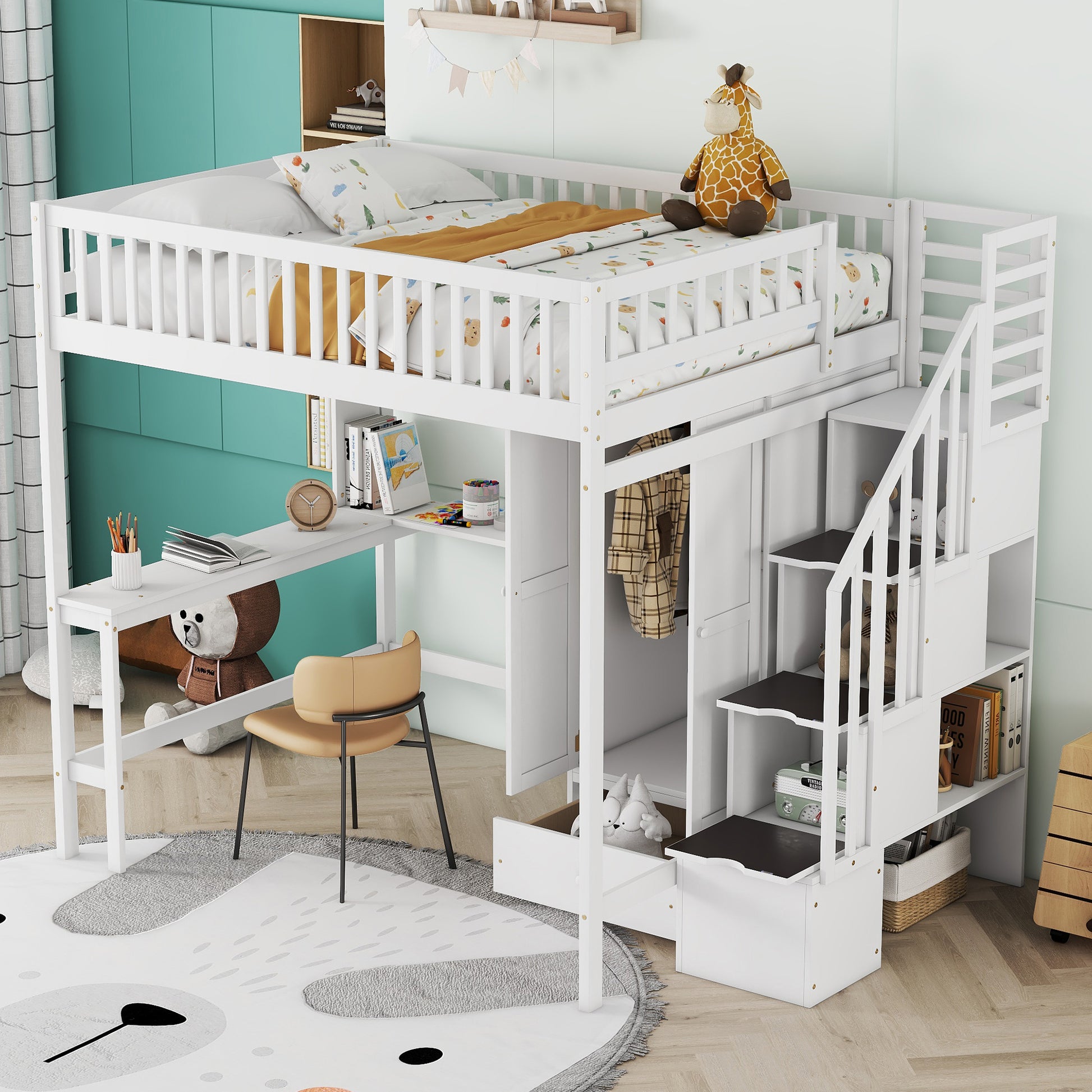 Full Size Loft Bed With Bookshelf,Drawers,Desk,And Wardrobe White Full White Solid Wood