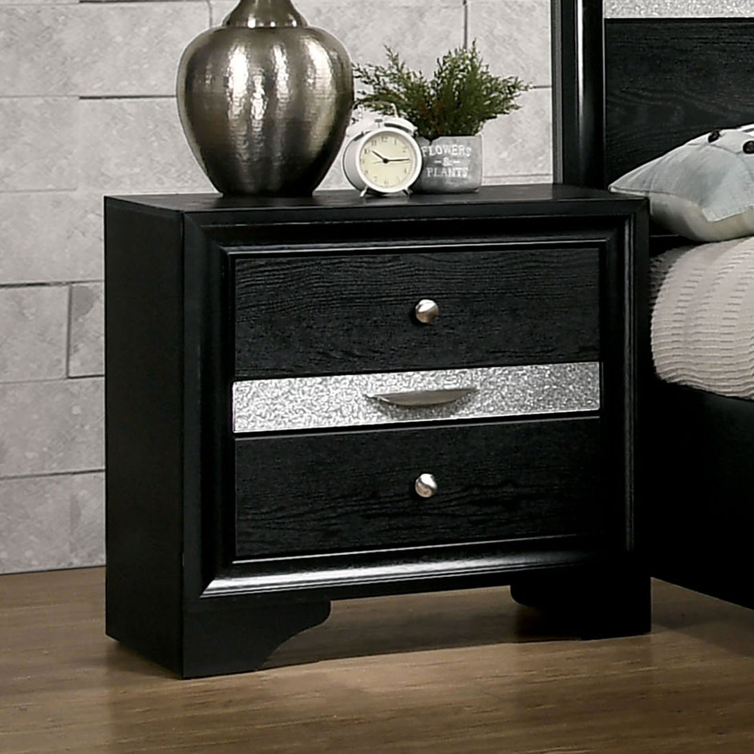 Contemporary 1Pc Nightstand Black Finish Silver Accents Hidden Jewelry Drawer Nickel Round Knob Bedside Table Bedroom Furniture Black 2 Drawers Bedroom Bedside Cabinet Contemporary,Modern,Transitional Rubberwood Drawers Black Solid Wood