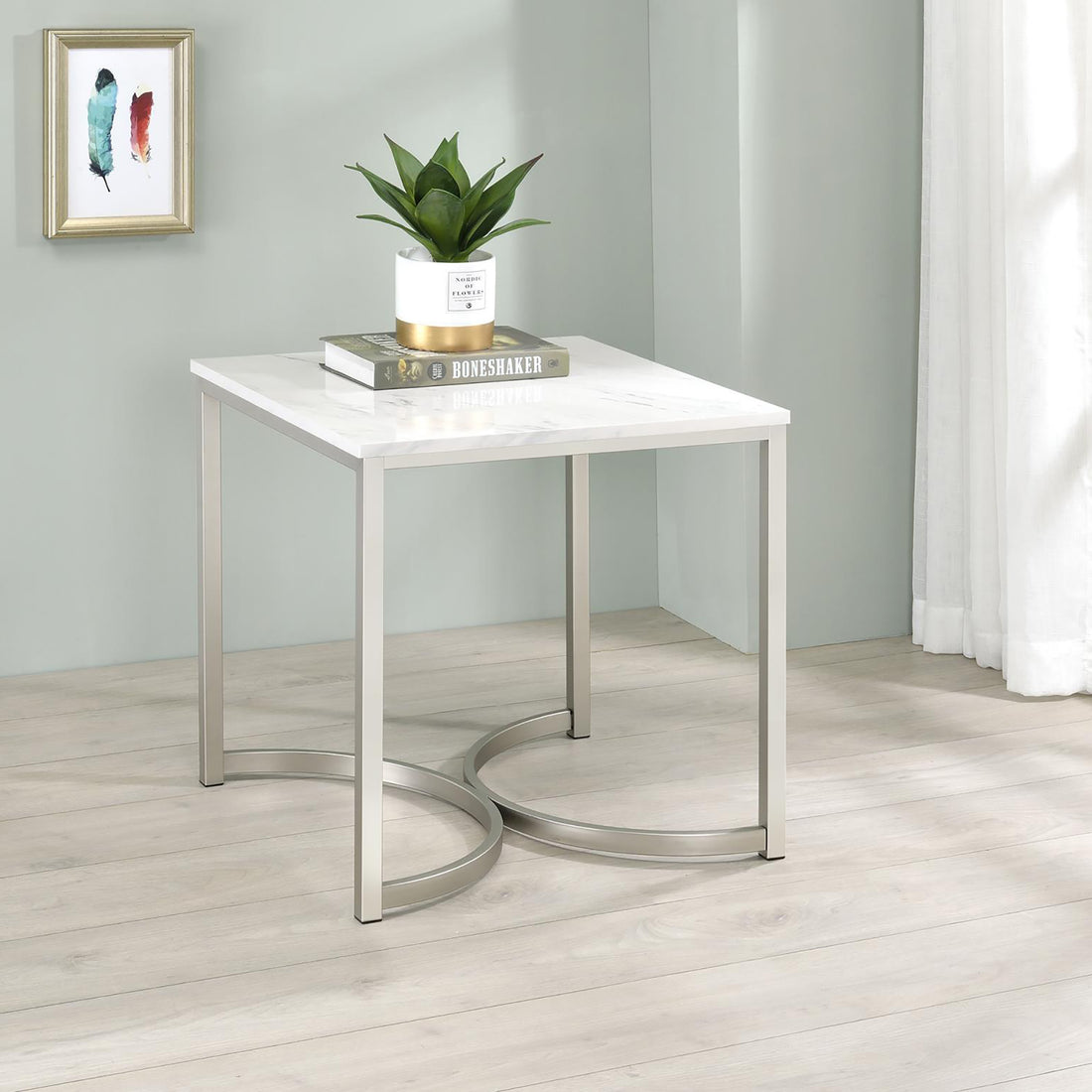 White Faux Marble And Satin Nickel Coffee Table White Primary Living Space Contemporary,Modern Square Coffee & End Tables Metal Sled