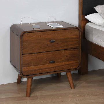 Dark Walnut 2 Drawer Nightstand Walnut Brown 2 Drawers Bedroom Drawer Storage Contemporary,Modern Poplar Usb Port Walnut Wood