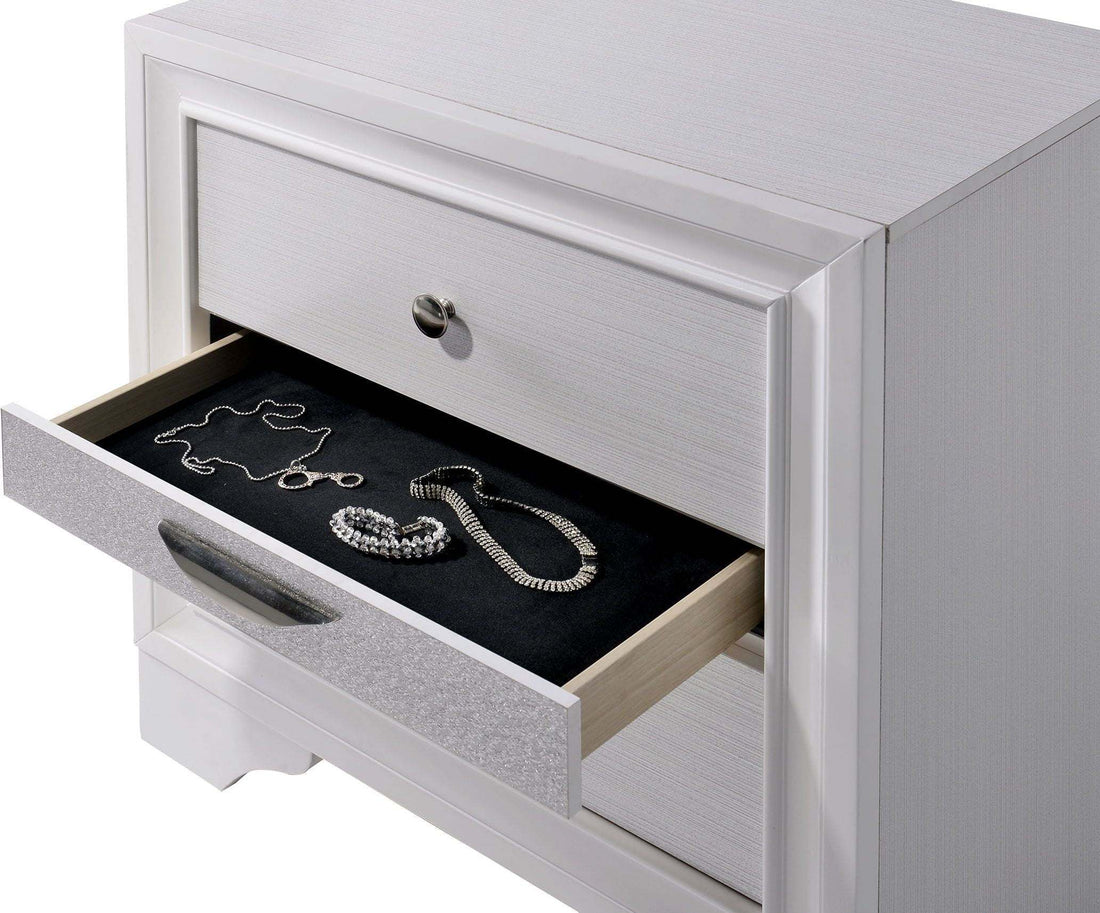 Contemporary 1Pc Nightstand White Finish Silver Accents Hidden Jewelry Drawer Nickel Round Knob Bedside Table Bedroom Furniture White White 2 Drawers Bedroom Bedside Cabinet Contemporary,Modern,Transitional Rubberwood Drawers White Solid Wood