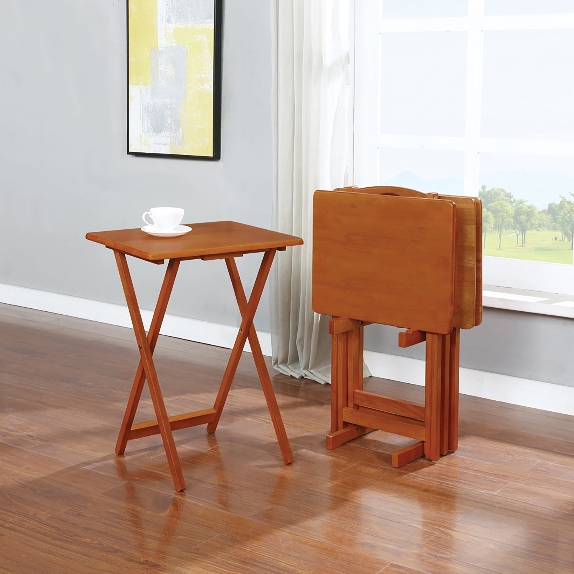 Golden Brown 5 Piece Tray Table Set With Stand Brown Light Brown Folding Primary Living Space Transitional Rubberwood Rectangular Coffee & End Tables Wood