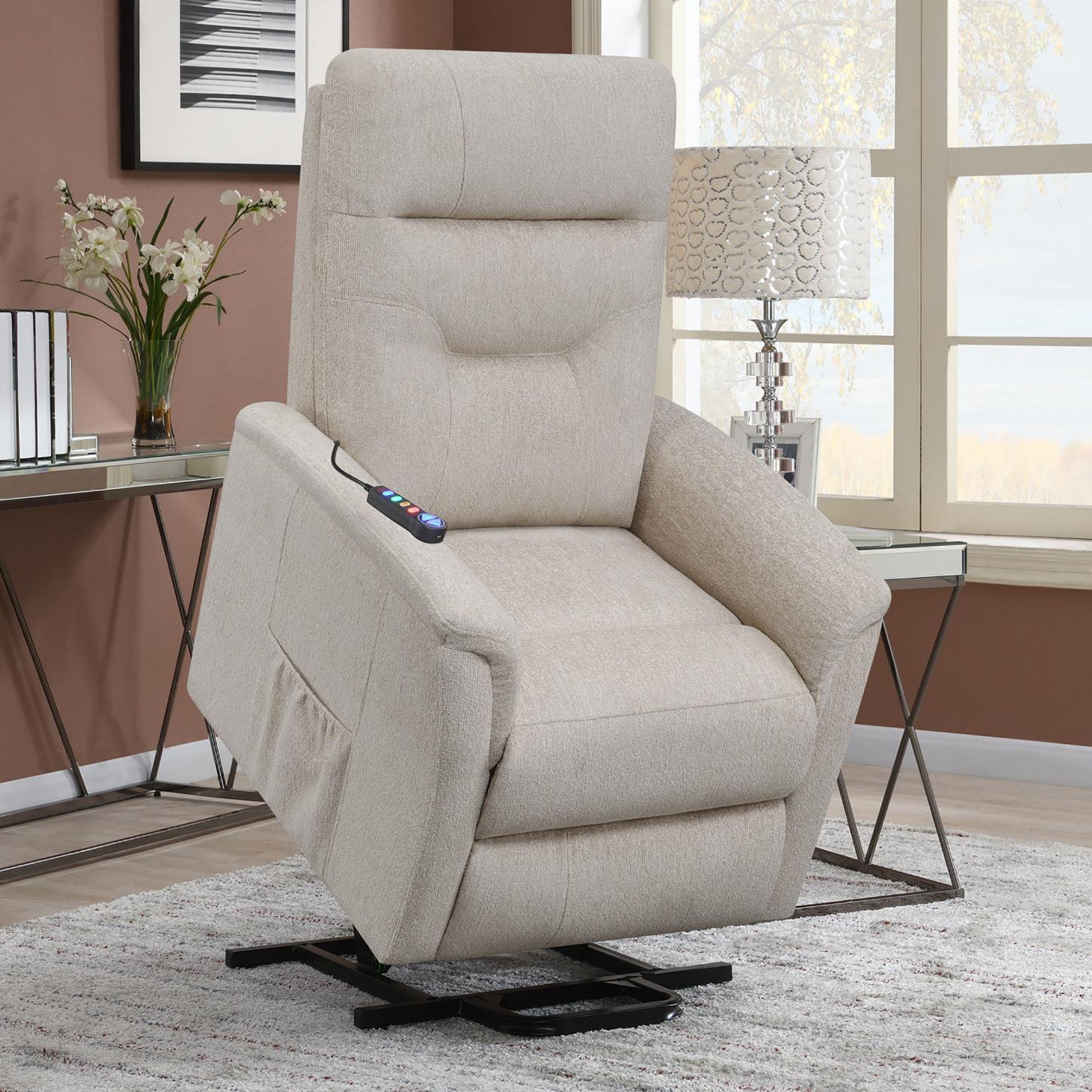 Beige Upholstered Power Lift Recliner With Storage Pocket Beige Chenille Power Remote Wood Primary Living Space Medium Firm Cushion Back Contemporary,Modern Square Arms Foam Fabric