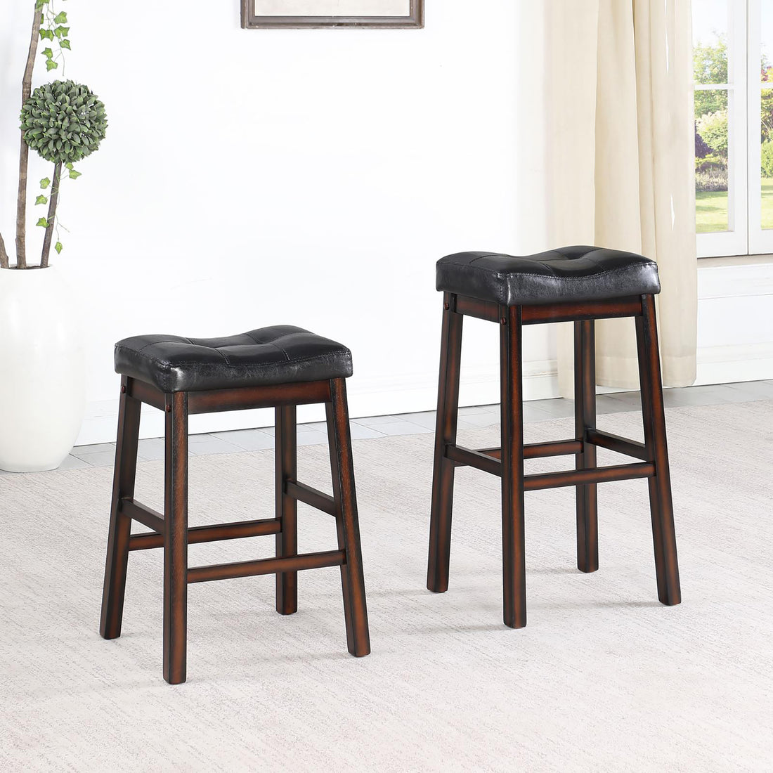 Black And Cappuccino Upholstered Counter Height Stools Set Of 2 Solid Black Brown Dining Room Spot Clean Rectangular Transitional Bar Stools Rubberwood Foam Faux Leather