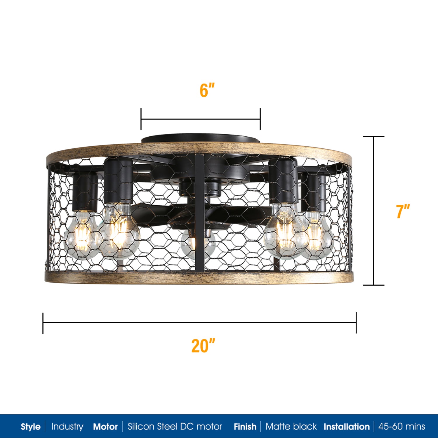 20 Inch Industrial Caged , With 7 Abs Blades Remote Control Reversible Dc Motor, Small Flush Mount For Farmhouse Black Abs Steel Q235