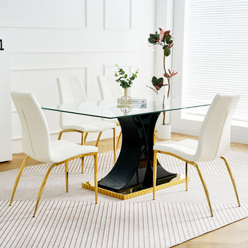 Modern Simple Table And Chair Set, One Table And Four Chairs. Transparent Tempered Glass Table Top, Solid Base. Gold Plated Metal Chair Legs Set Of 5 White Black Mdf Metal