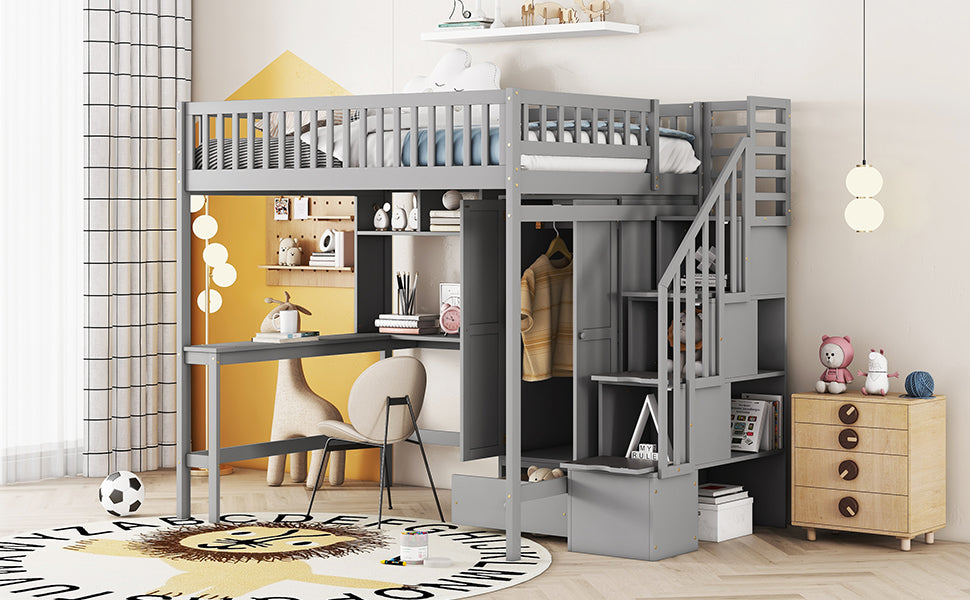 Full Size Loft Bed With Bookshelf,Drawers,Desk,And Wardrobe Gray Full Gray Solid Wood