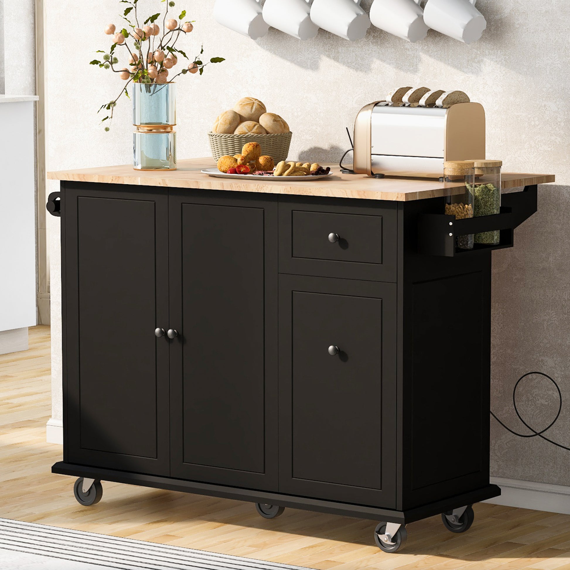 Kitchen Island with Drop Leaf, 53.9" Width Rolling