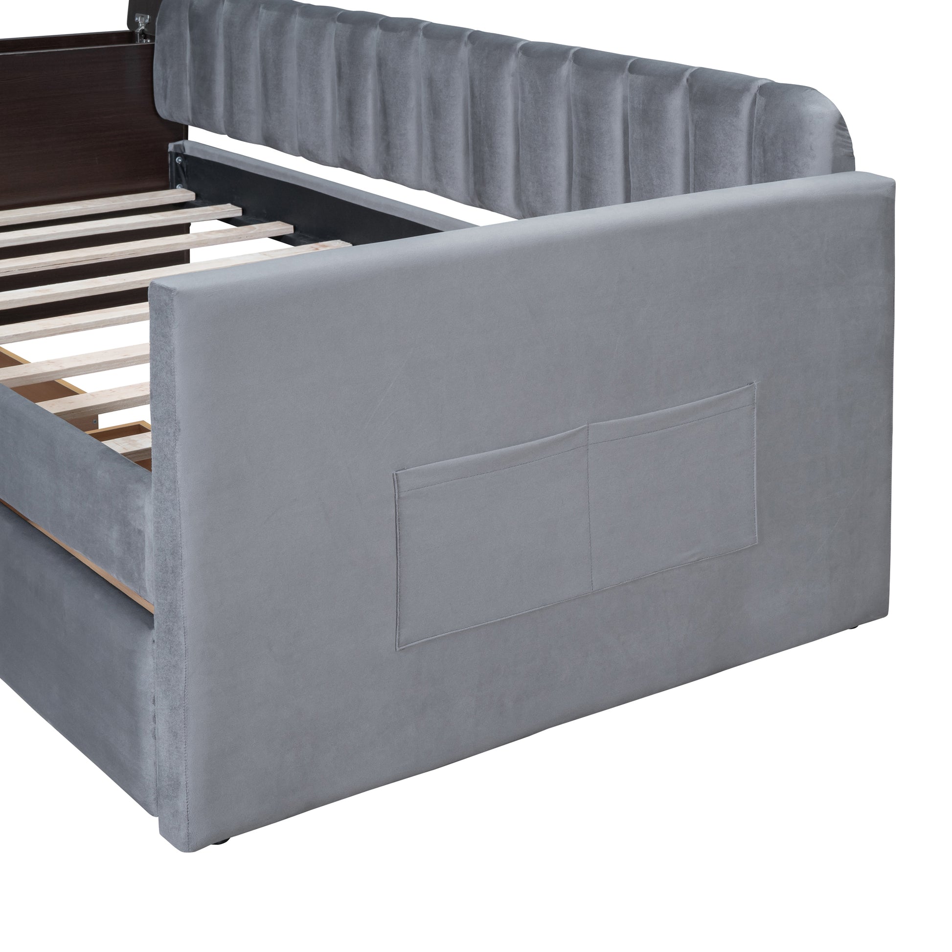 Twin Size Upholstered Daybed With Storage Armrest And 2 Drawers, Multi Functional Daybed With Cup Holder And A Set Of Usb Ports And Sockets, Gray Gray Upholstered