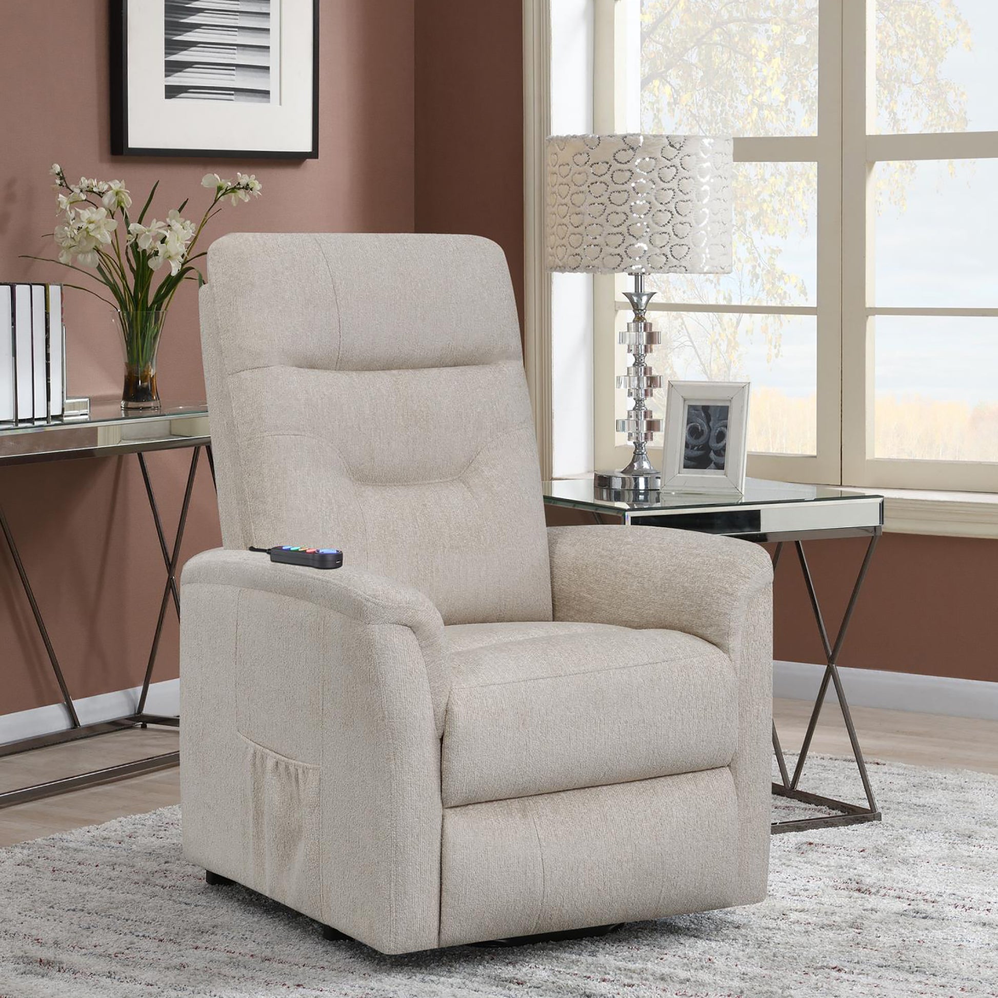 Beige Upholstered Power Lift Recliner With Storage Pocket Beige Chenille Power Remote Wood Primary Living Space Medium Firm Cushion Back Contemporary,Modern Square Arms Foam Fabric