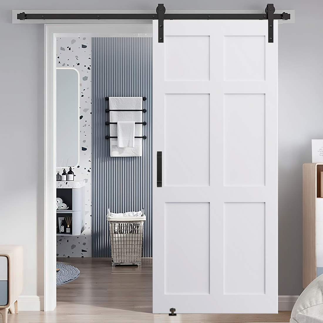 36" X 80" Six Paneled Real Primed Door Slab 6.6Ft Barn Door Sliding Hardware Adjustable Floor Guider Pull Handle, Diy Unfinished Paneled Door, Modern Interior Barn Door, Water Proof White Mdf