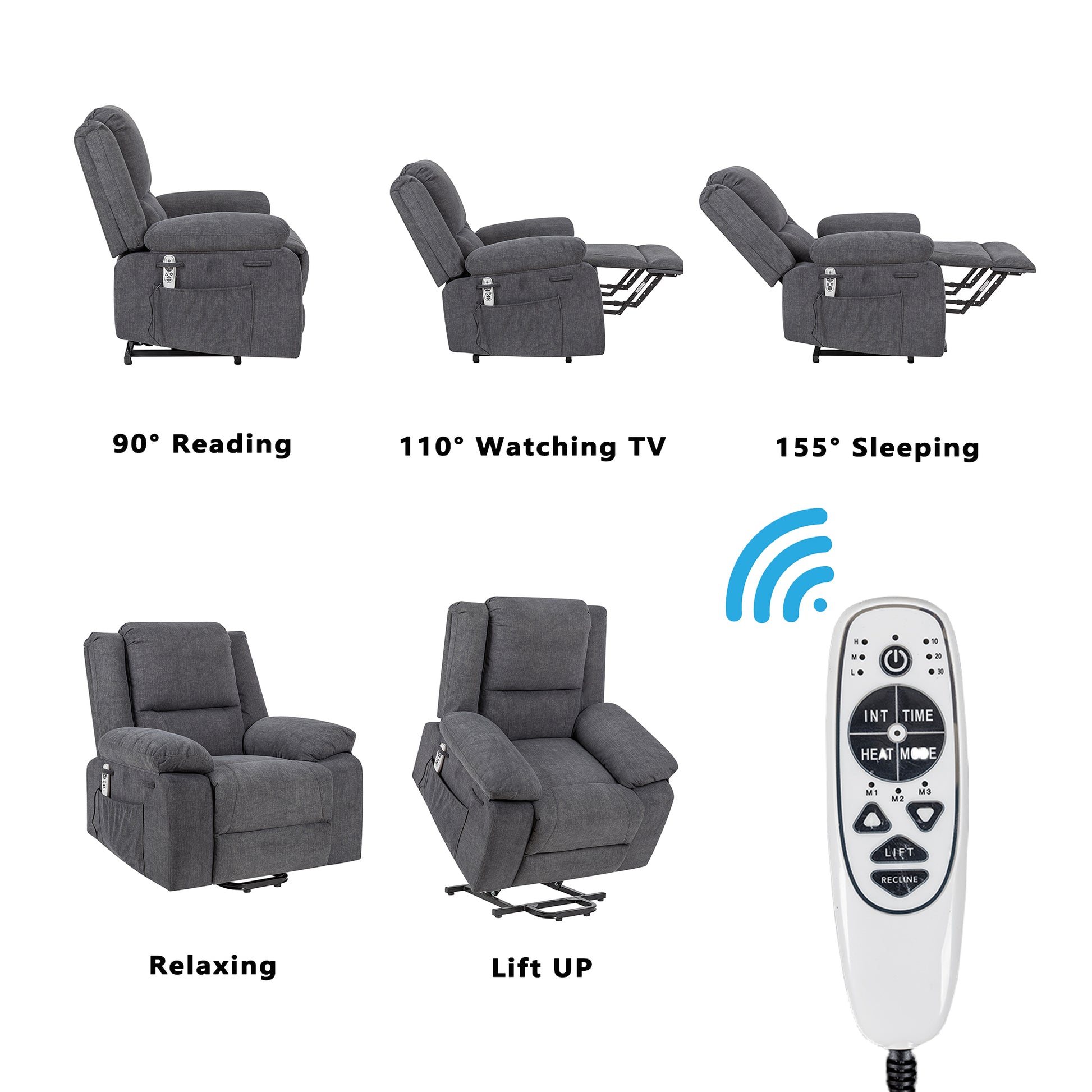 Electric Power Recliner Chair With Massage For Elderly ,Remote Control Multi Function Lifting, Timing, Cushion Heating Chair With Side Pocket Dark Grey Dark Grey Power Remote Metal Primary Living Space Soft American Design Pillow Top Arms Cat Scratch