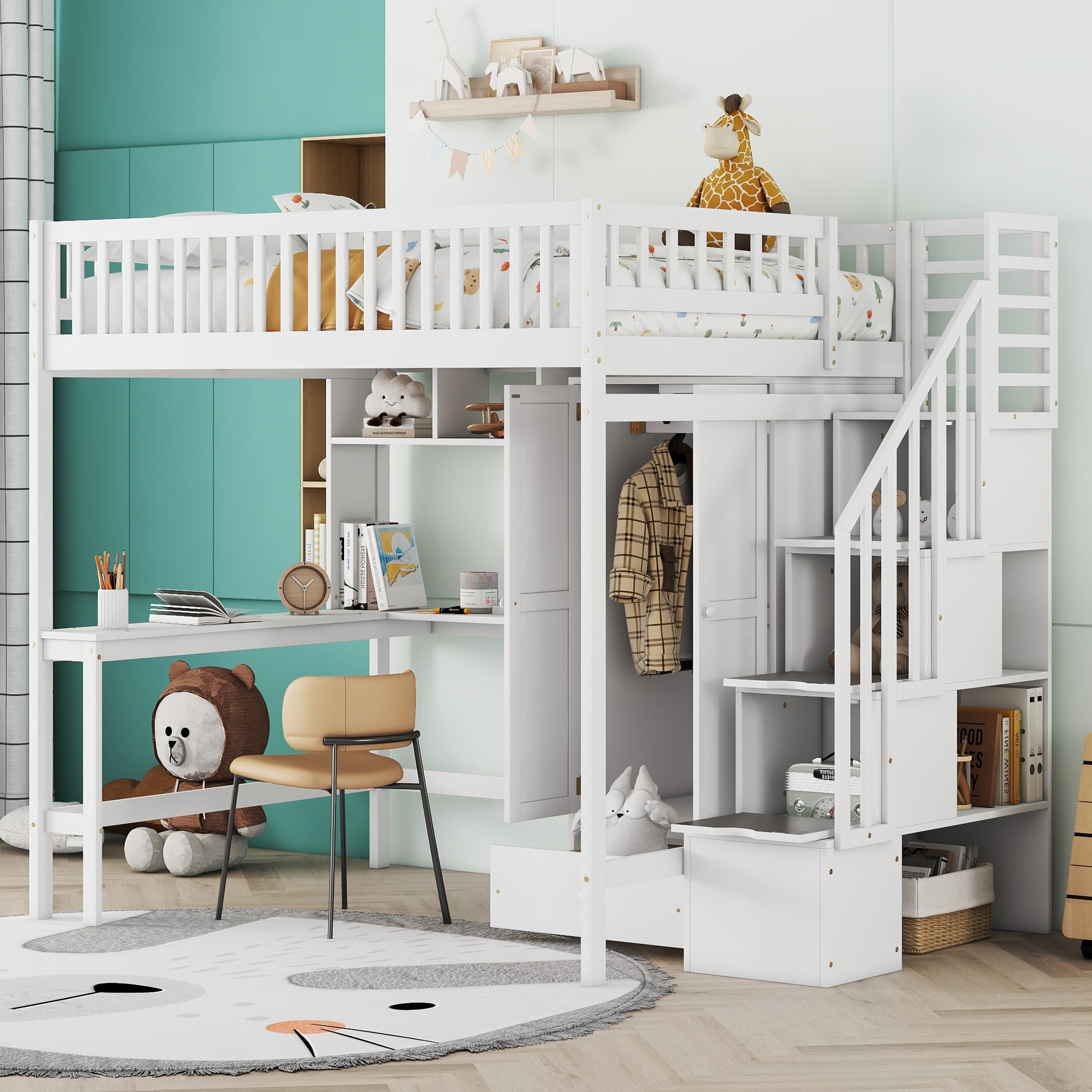 Full Size Loft Bed With Bookshelf,Drawers,Desk,And Wardrobe White Full White Solid Wood