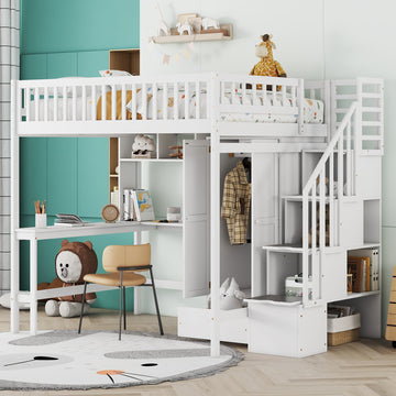 Full Size Loft Bed With Bookshelf,Drawers,Desk,And Wardrobe White Full White Solid Wood